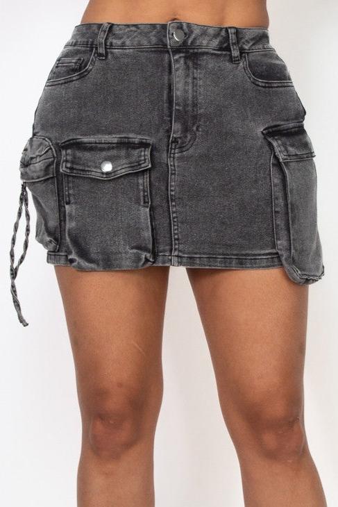 Black Acid Washed Cargo Skirt