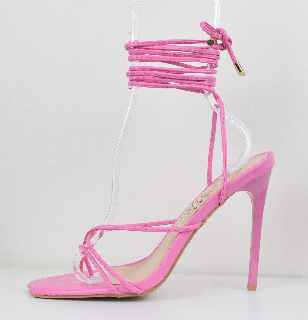Barb Pink Strappy Lace Up Heel