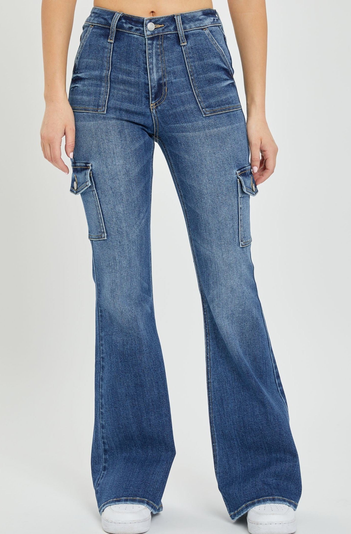 High Rise Dark Denim Flare Cargo Jeans