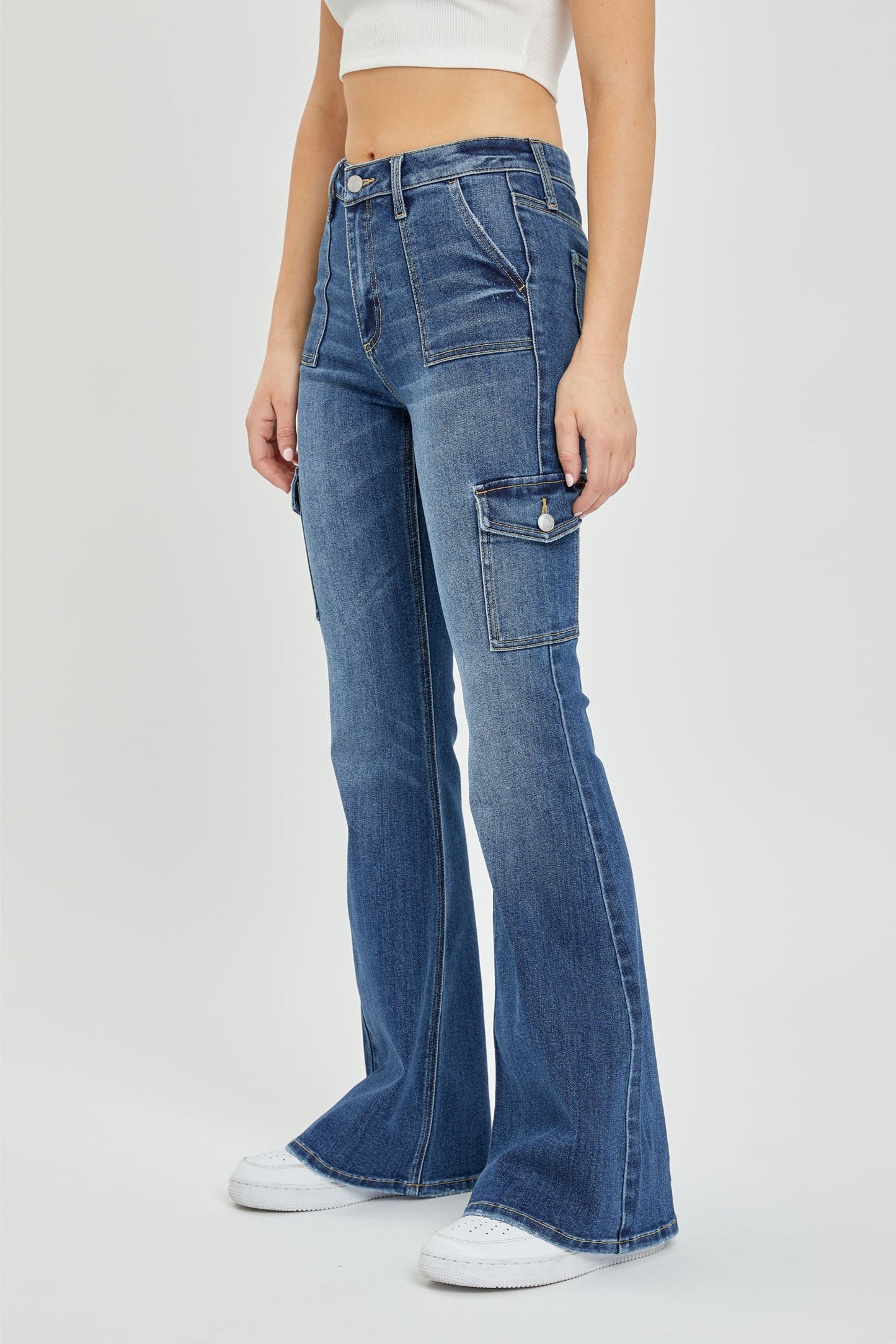 High Rise Dark Denim Flare Cargo Jeans