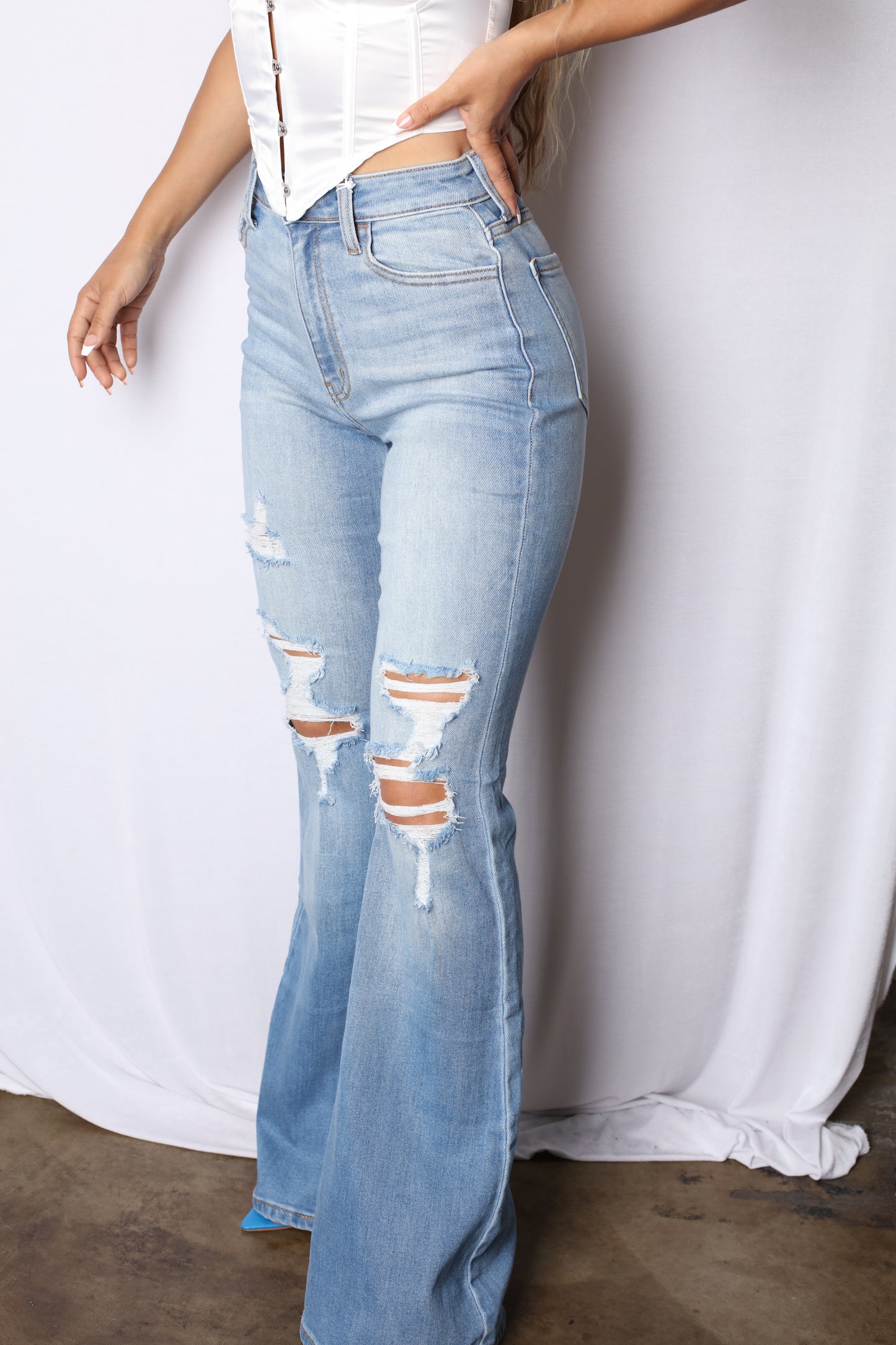 Light Denim Stretchy Bell Bottom Jeans