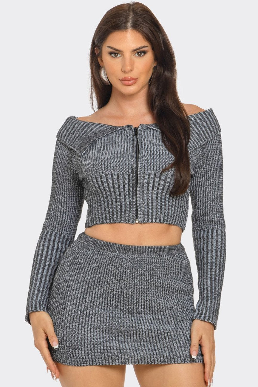 Gray Knitted Marginal hot Series Sweatshirt-Skirt Set