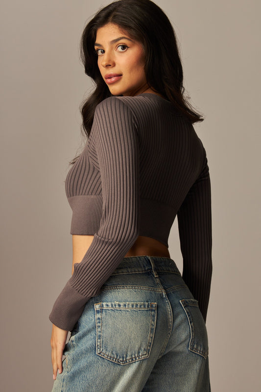 Ribbed Zip Long Sleeve Top