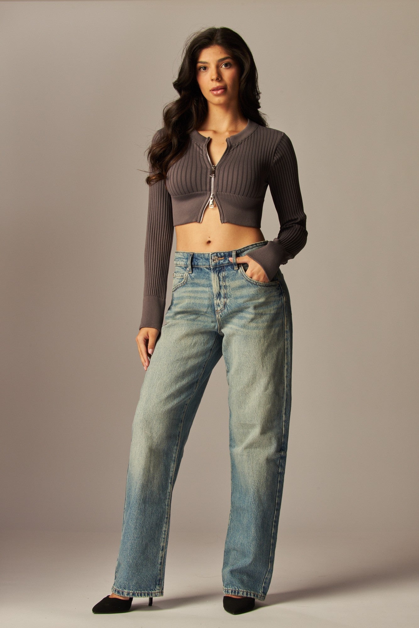 Ribbed Zip Long Sleeve Top
