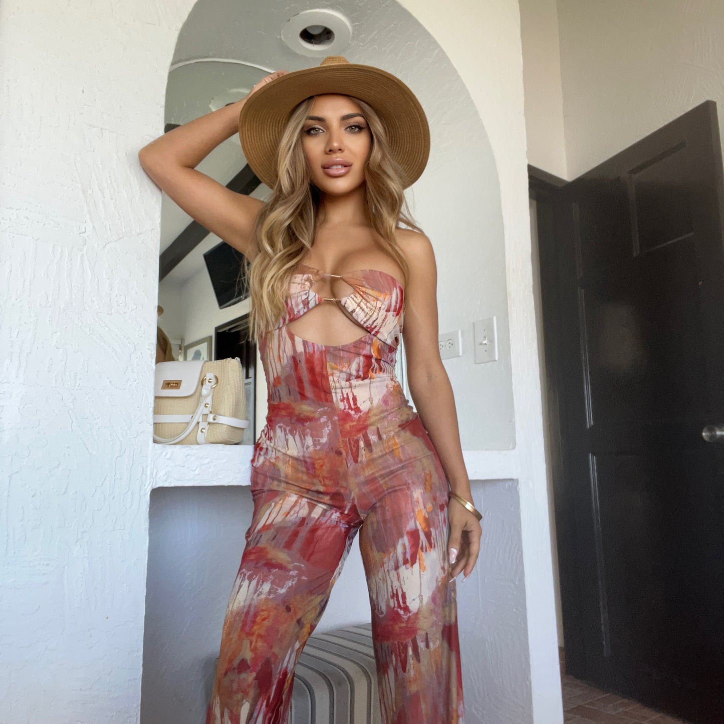 Printed Rust Mesh Wide Leg Jumpsuit