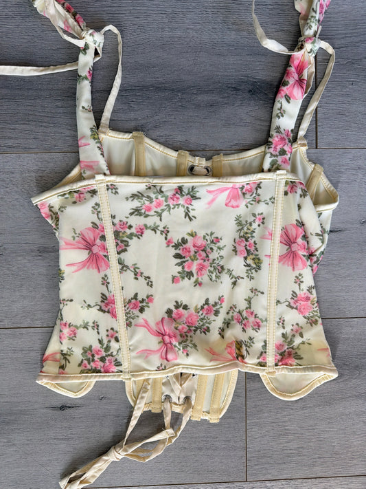 Yellow Floral Lace Up Corset Top