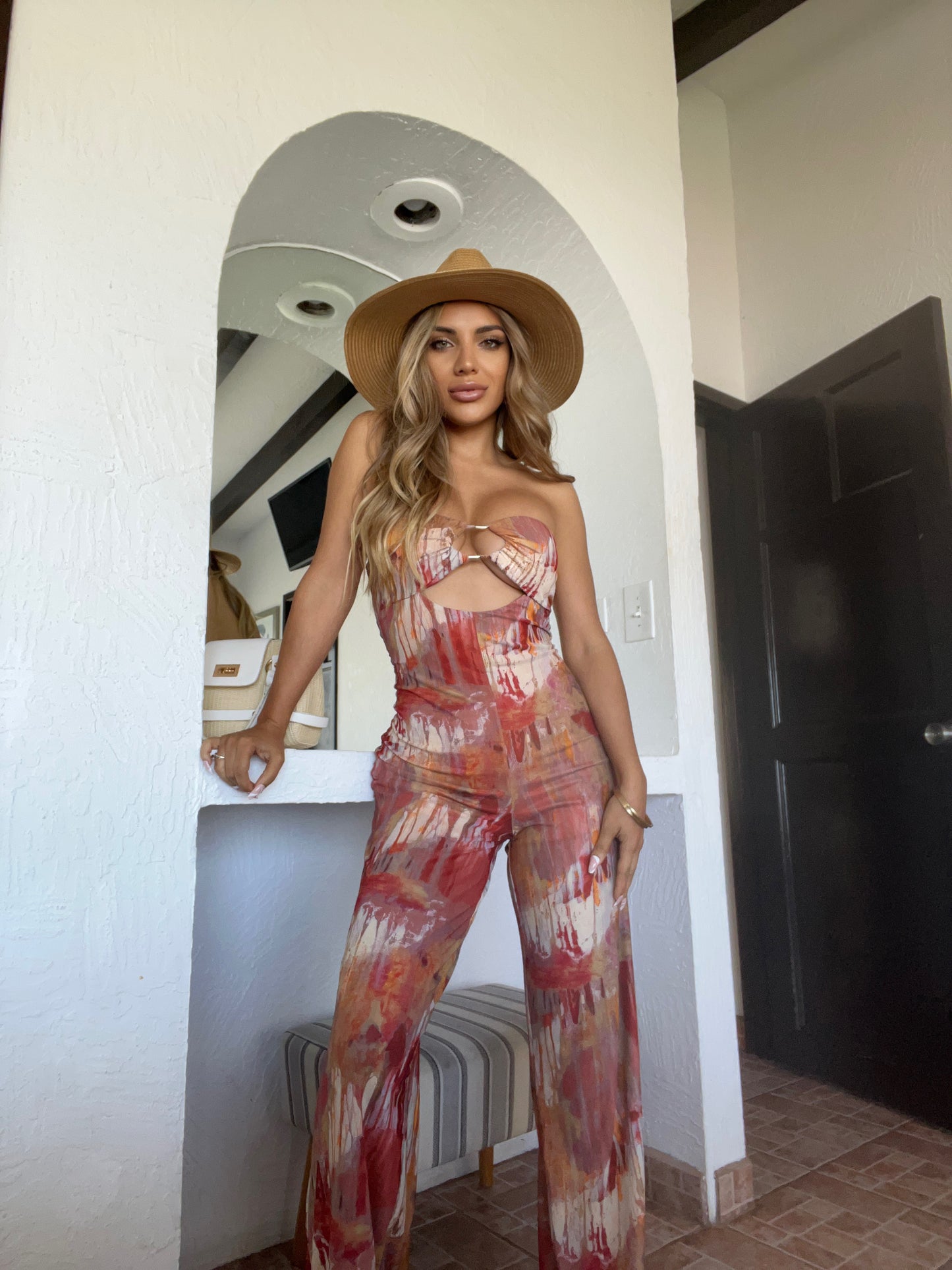 Printed Rust Mesh Wide Leg Jumpsuit