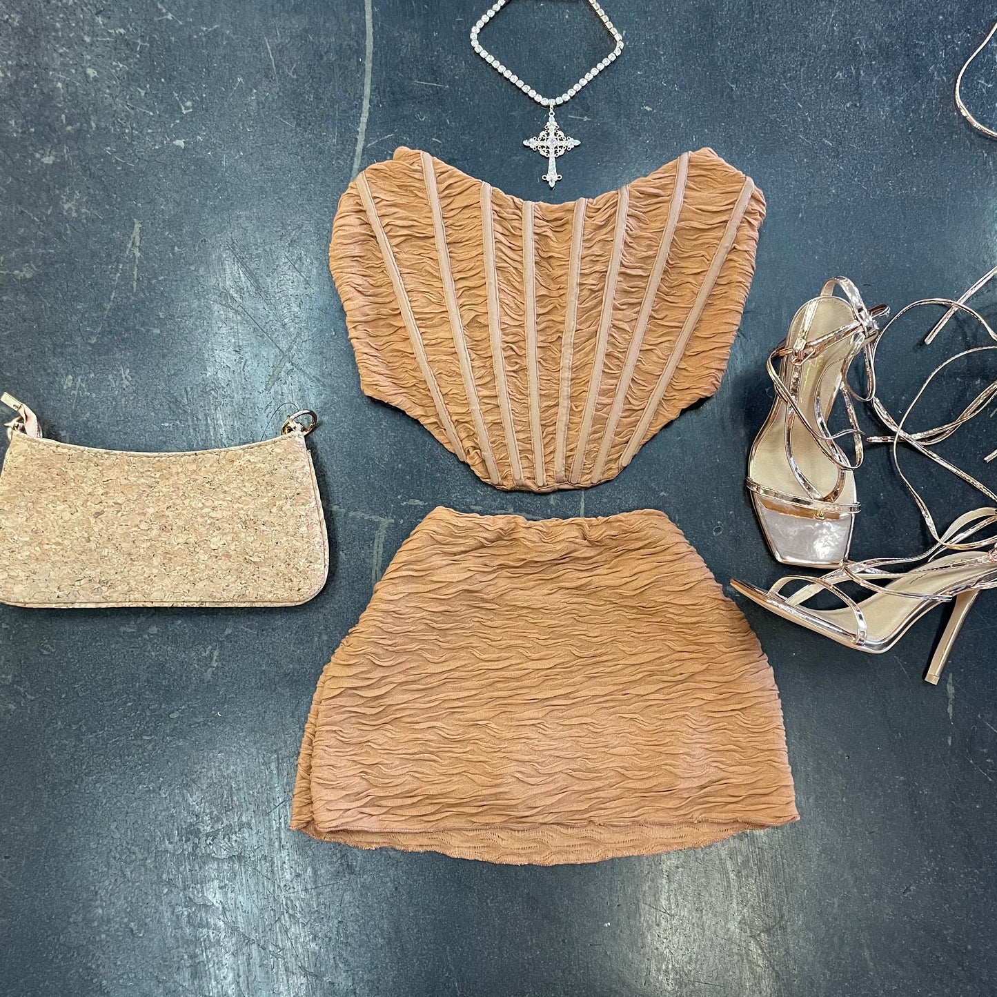 Texture Corset Brown Mini Skirt Set