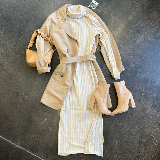 Turtle Neck Fuzzy Ribbed Maxi Dress