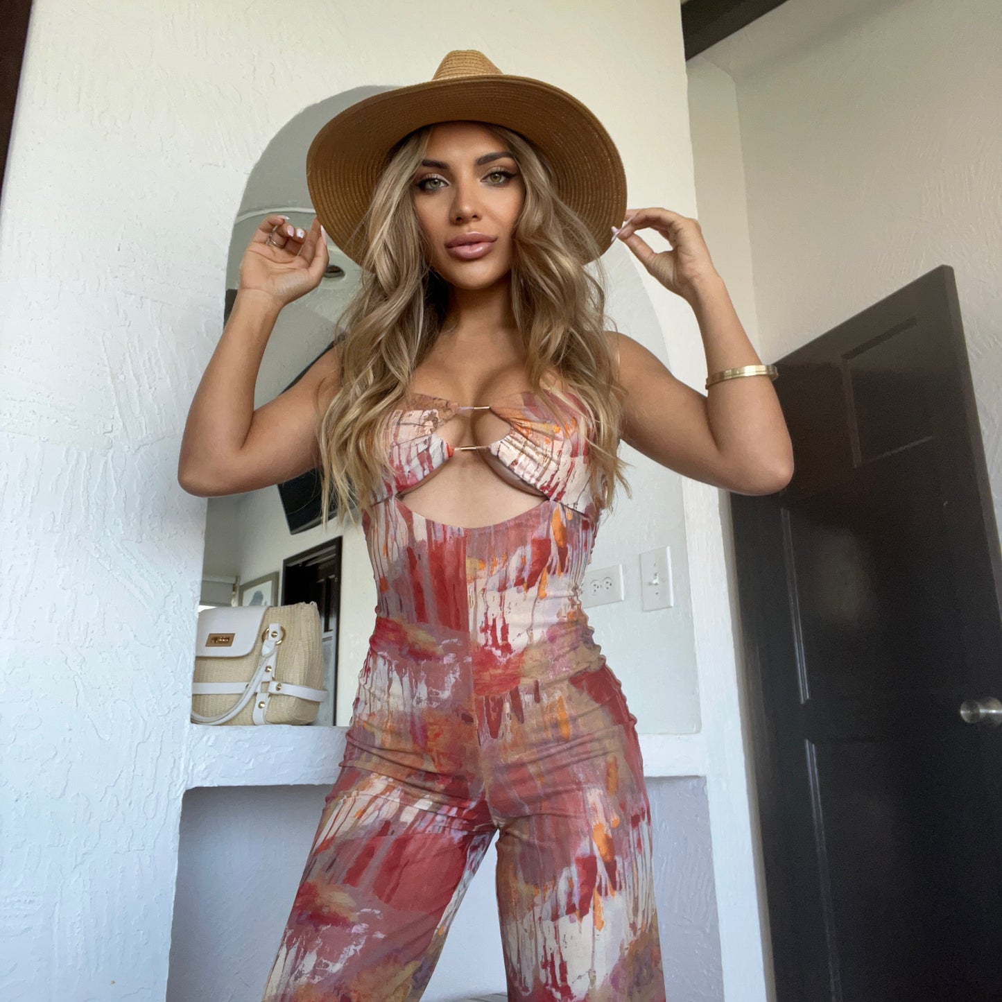 Printed Rust Mesh Wide Leg Jumpsuit