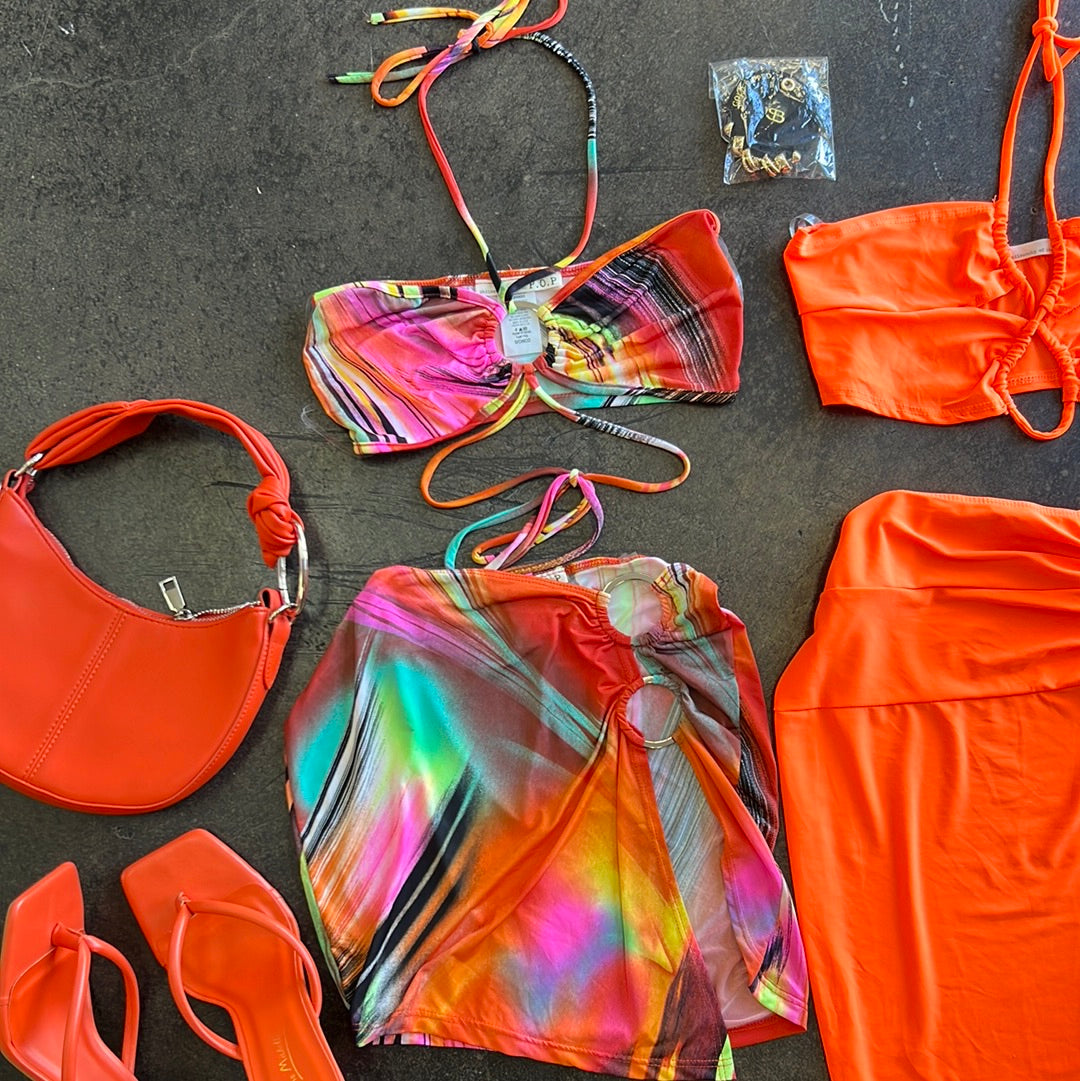 O Ring Mini Skirt Printed Set Pink Yellow Combo