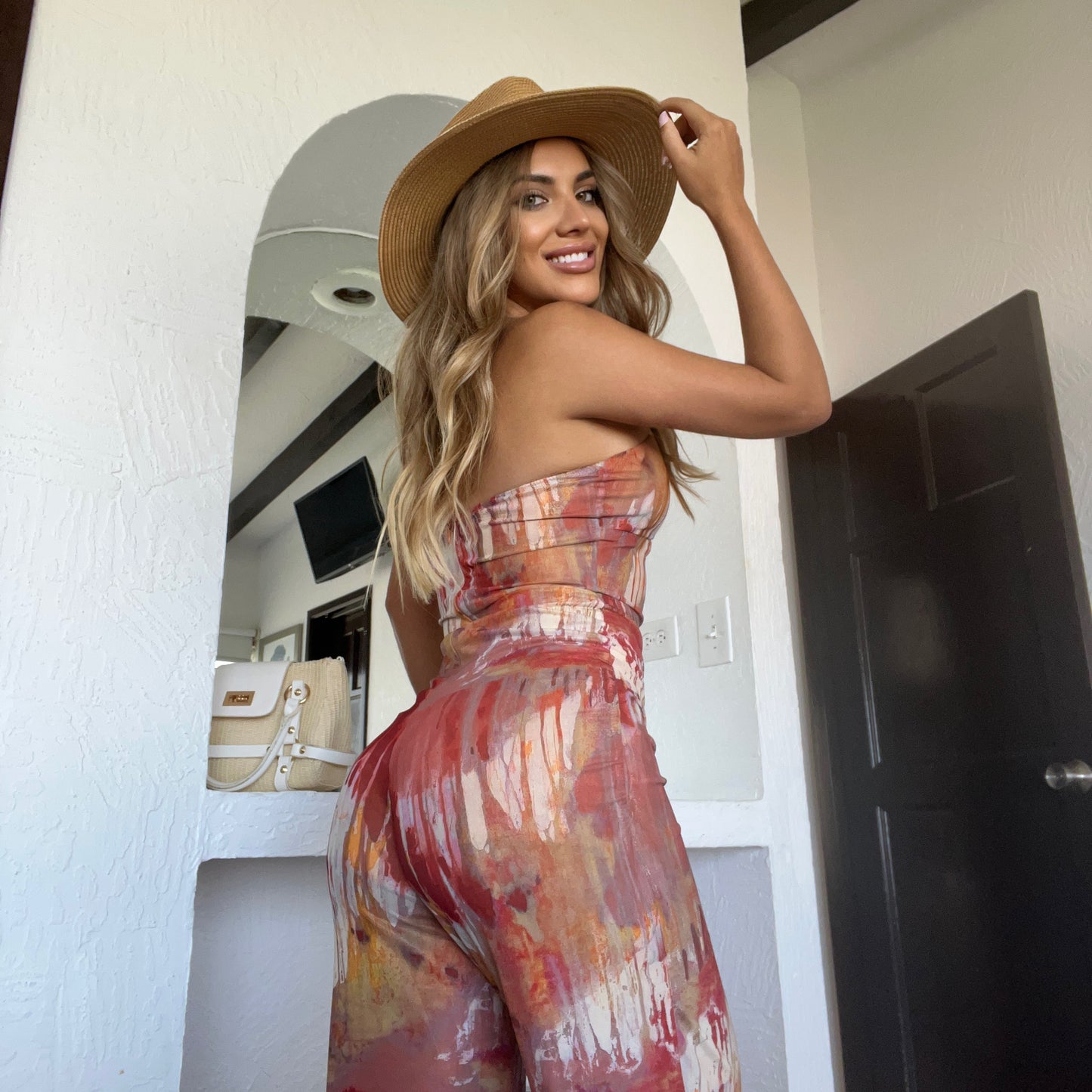 Printed Rust Mesh Wide Leg Jumpsuit