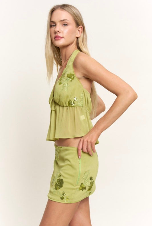 Green Sequin Matching Skirt Set