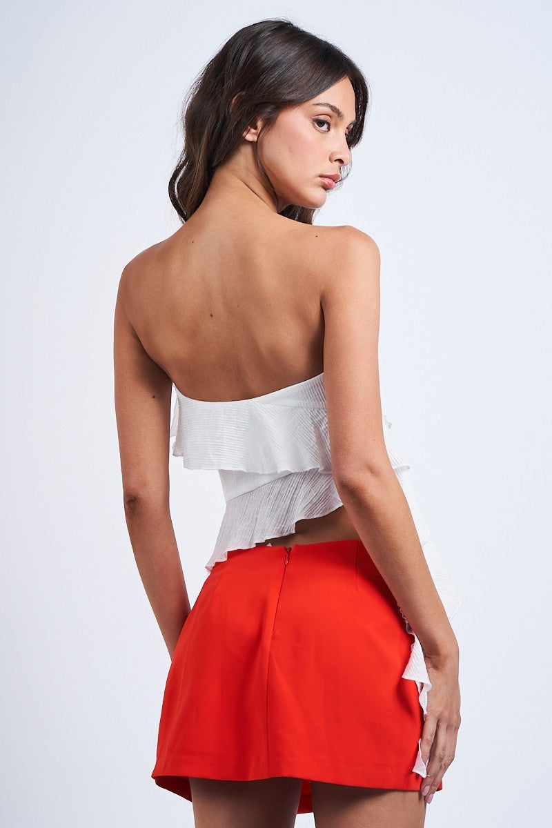 Textured Ruffle Tube Top White
