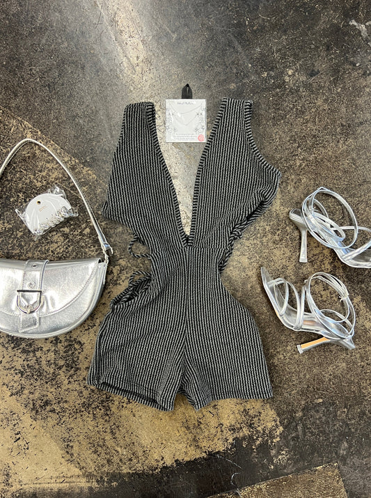 Gray Ribbed Laced Side Stretch Romper