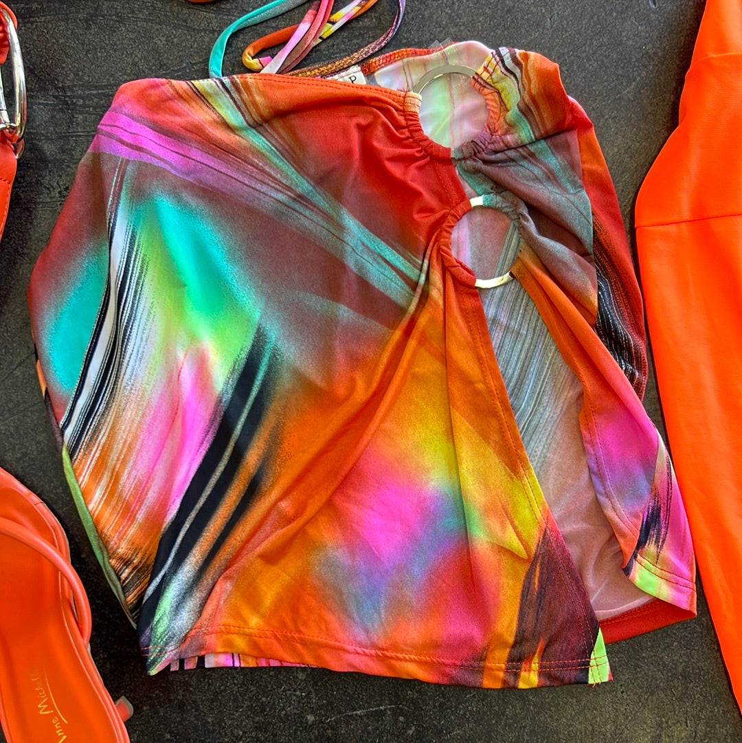 O Ring Mini Skirt Printed Set Pink Yellow Combo