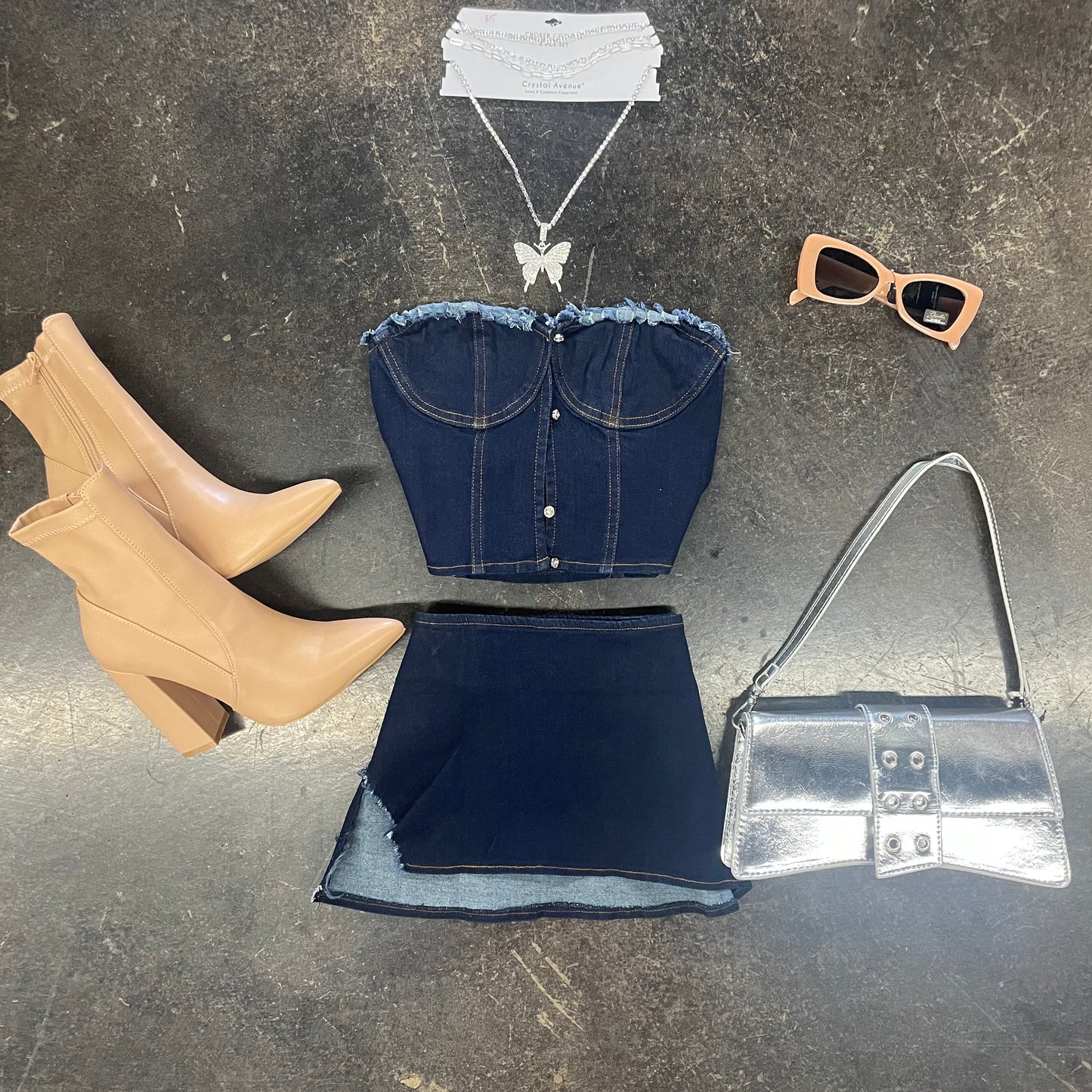 Denim Frayed Bustier + Mini Skirt Set