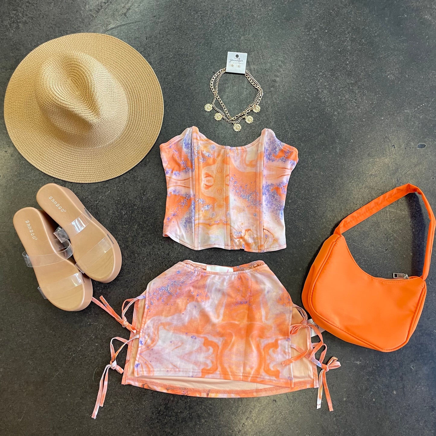 Orange Printed Mesh Mini Skirt Corset Set