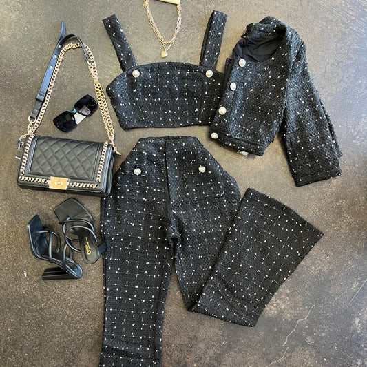 Black Tweed 3 Piece Trouser + Jacket Set