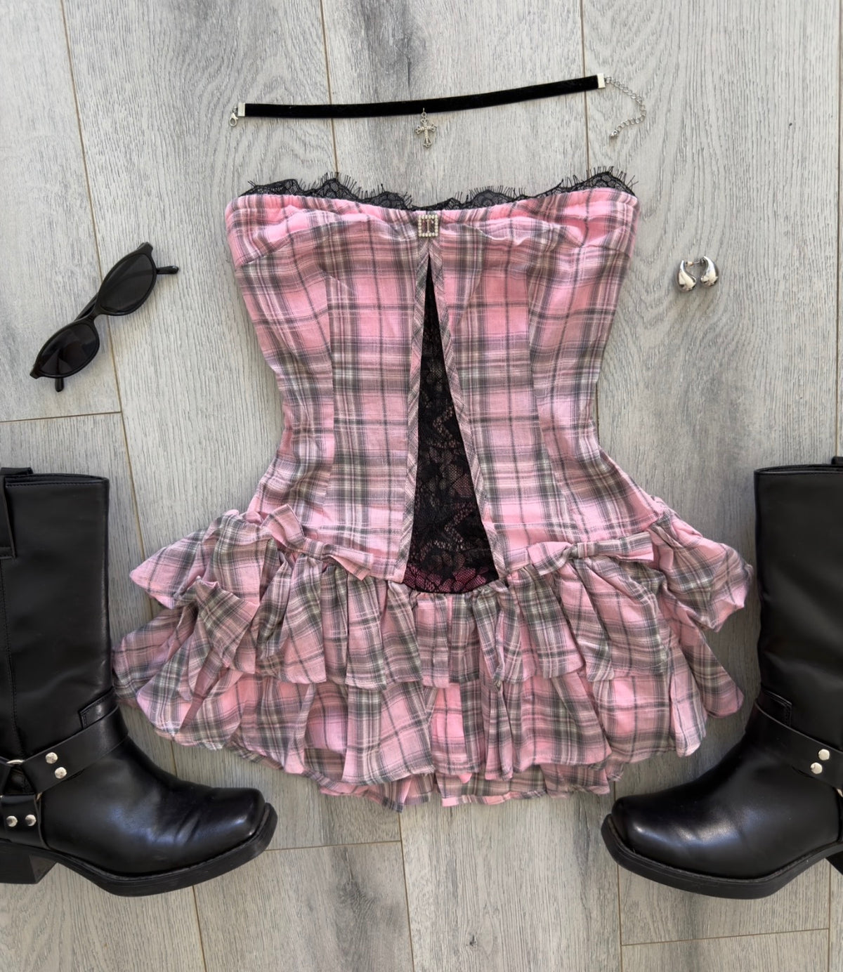Pink Plaid Ruffle Bottom Dress