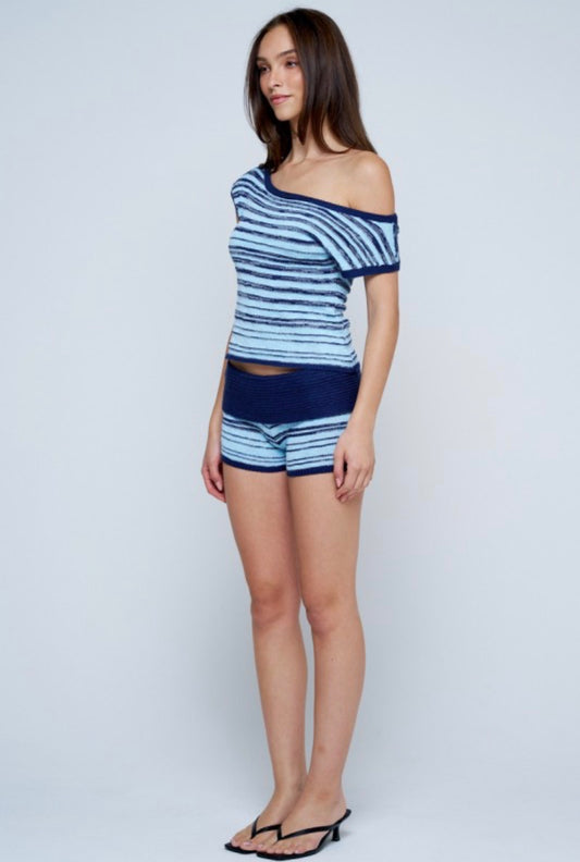 Navy Blue Striped Knit Short Set