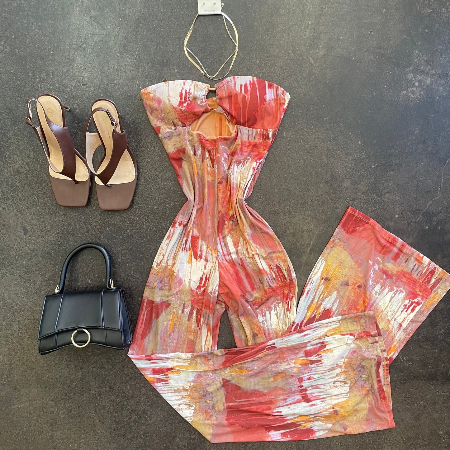 Printed Rust Mesh Wide Leg Jumpsuit