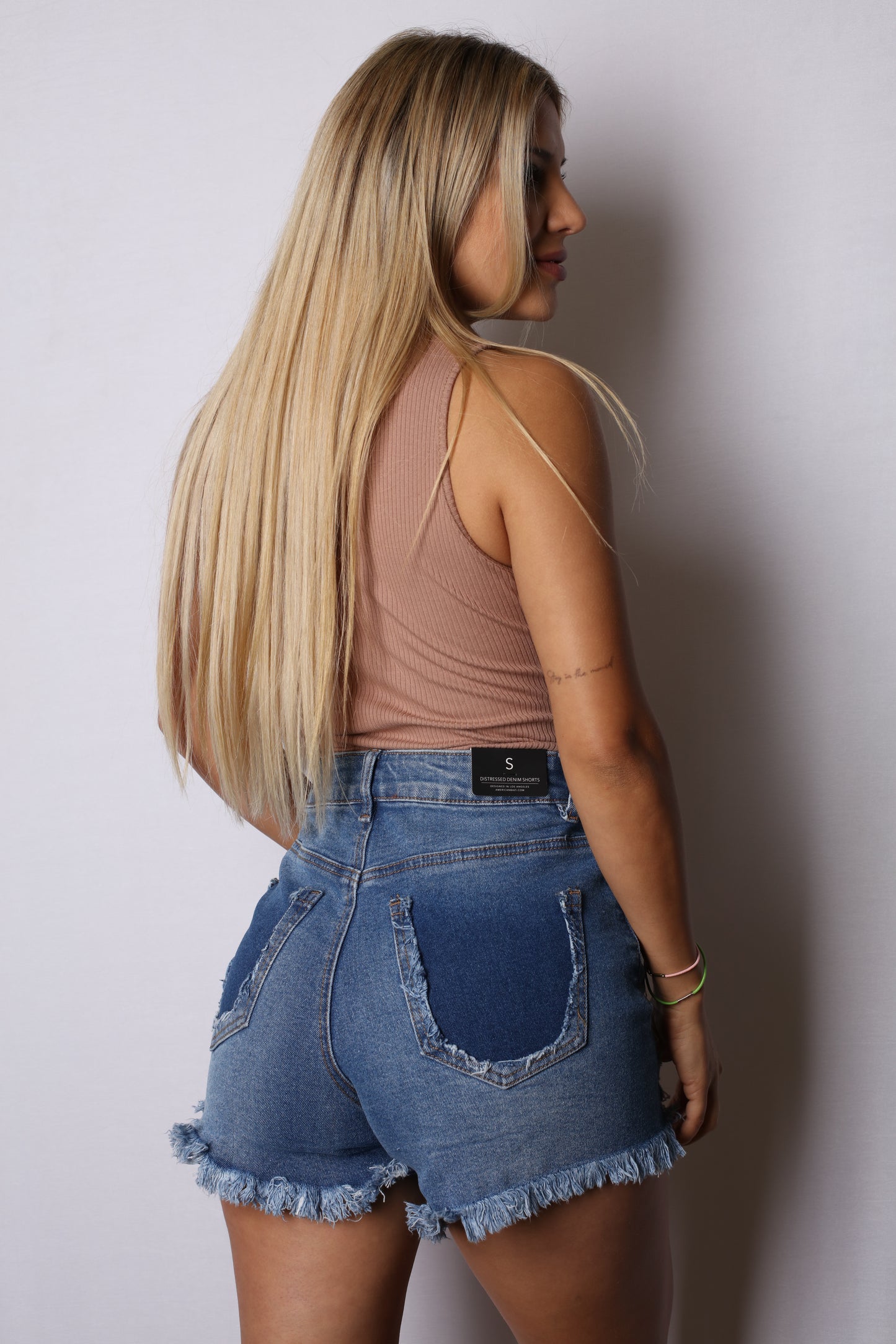 Slashed Up Dark Blue High Rise Jean Shorts