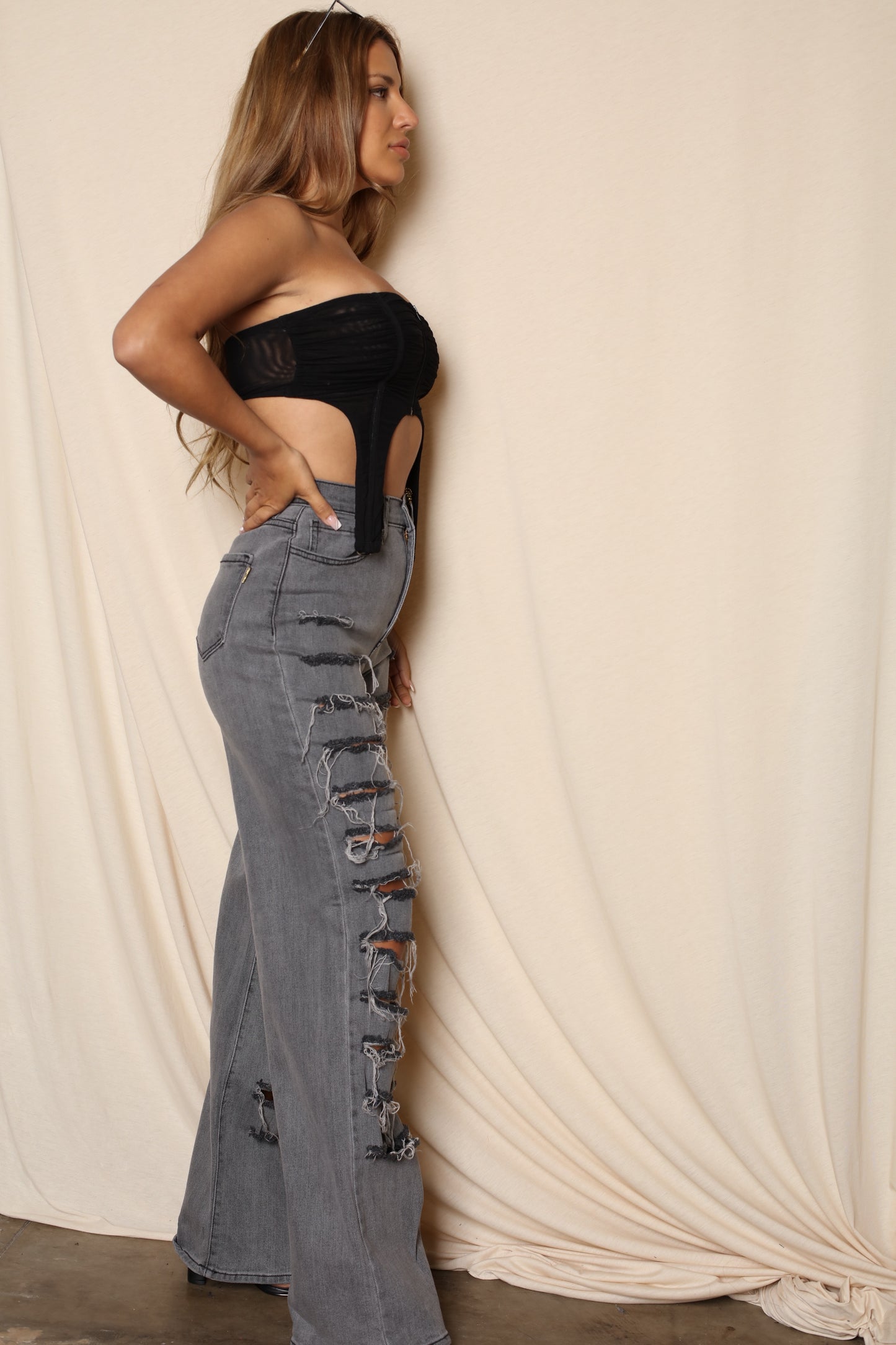 Black Shredded Wide Leg Boyfriend Jeans