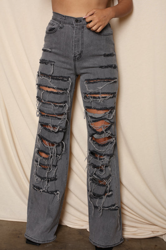 Black Shredded Wide Leg Boyfriend Jeans