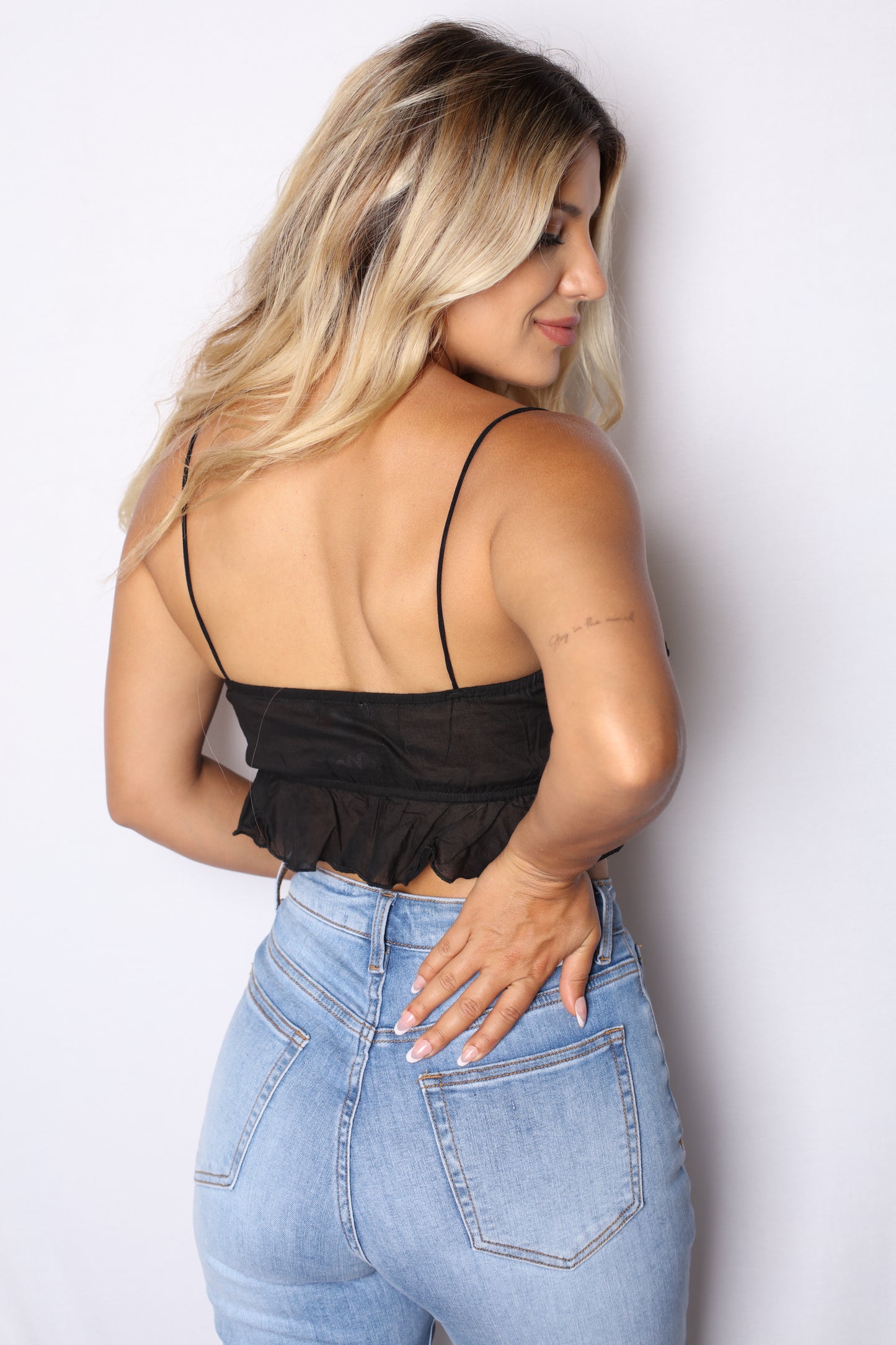 Ruffle Overlay V Cut Crop Top Black