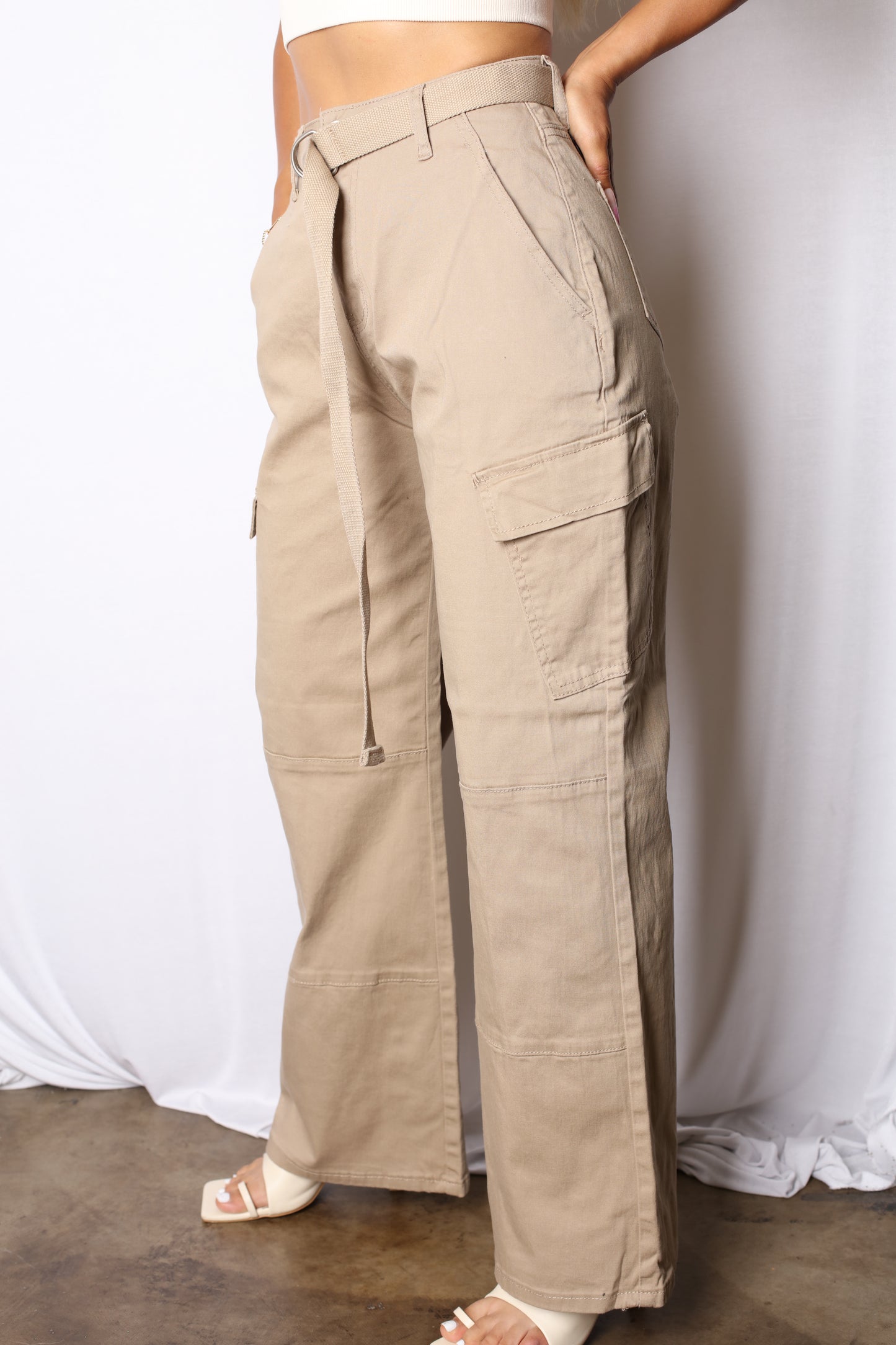 HI Rise Wide Leg Khaki Cargo Pants