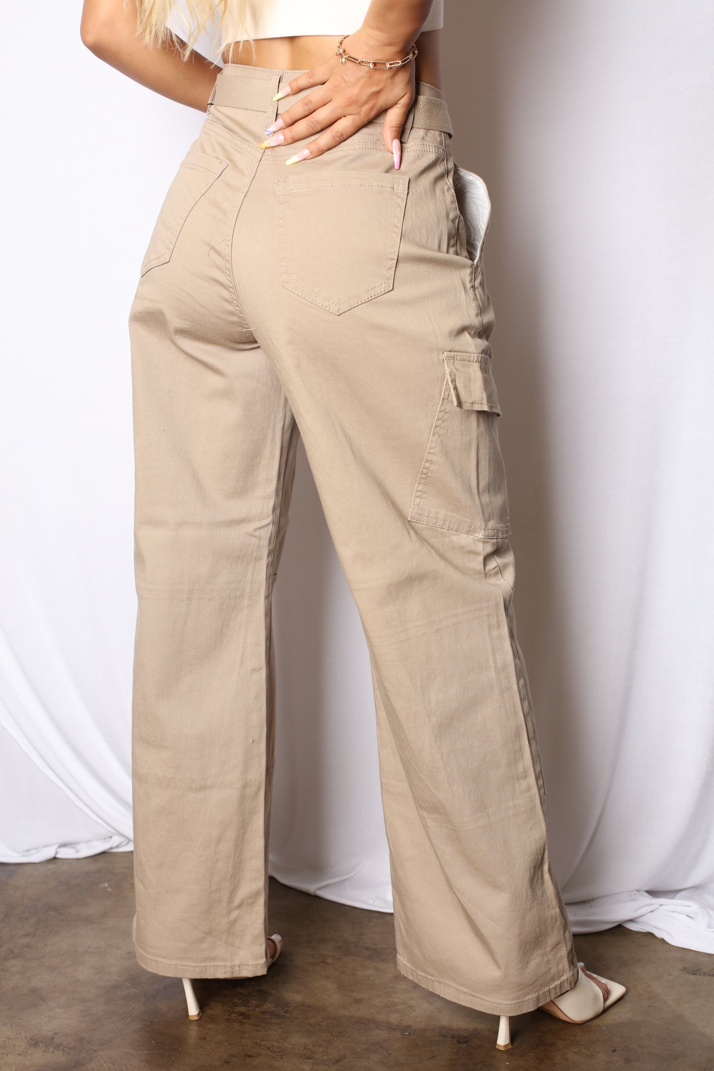 HI Rise Wide Leg Khaki Cargo Pants