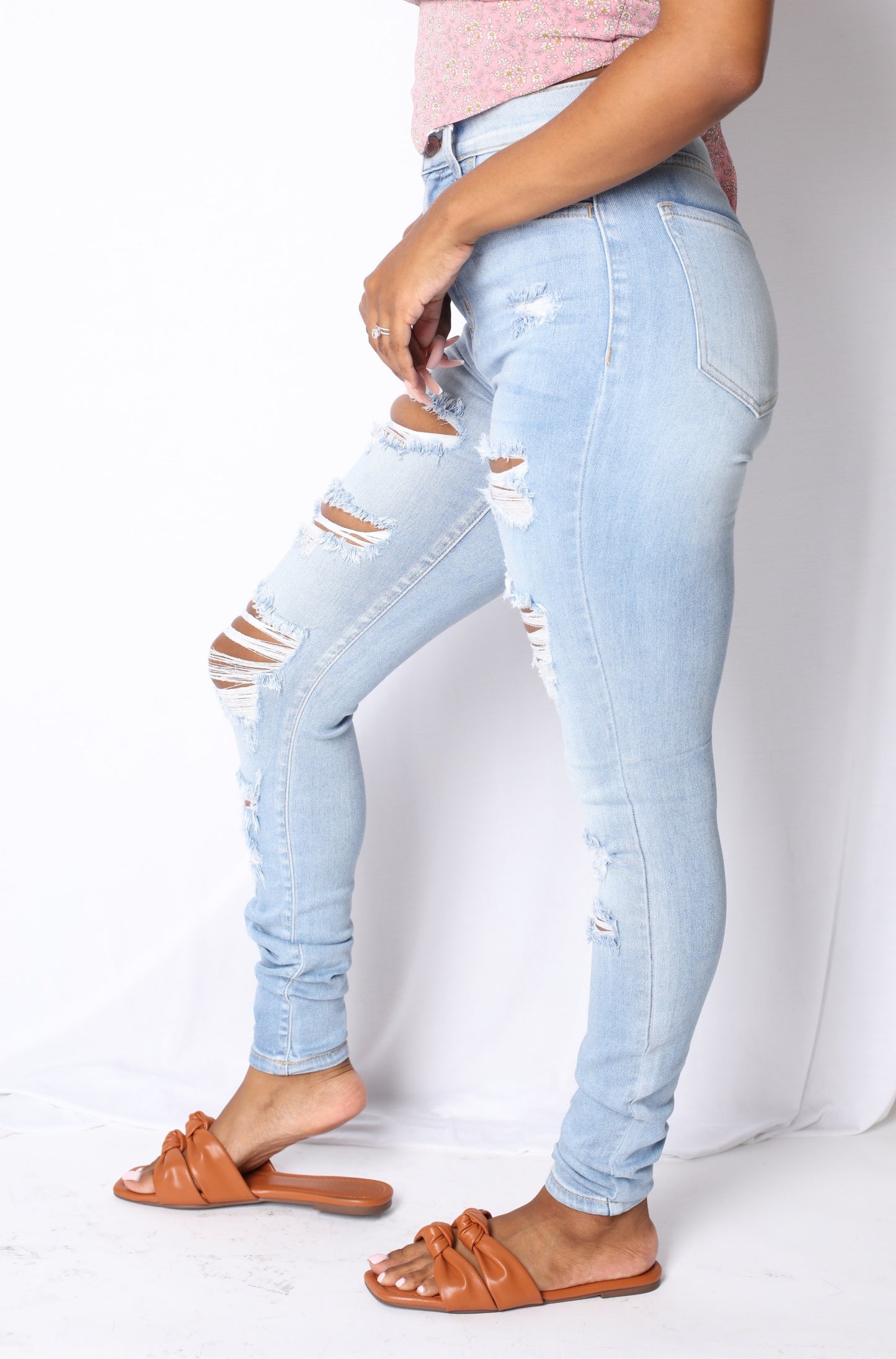 High Rise Distressed Skinnies Light Blue