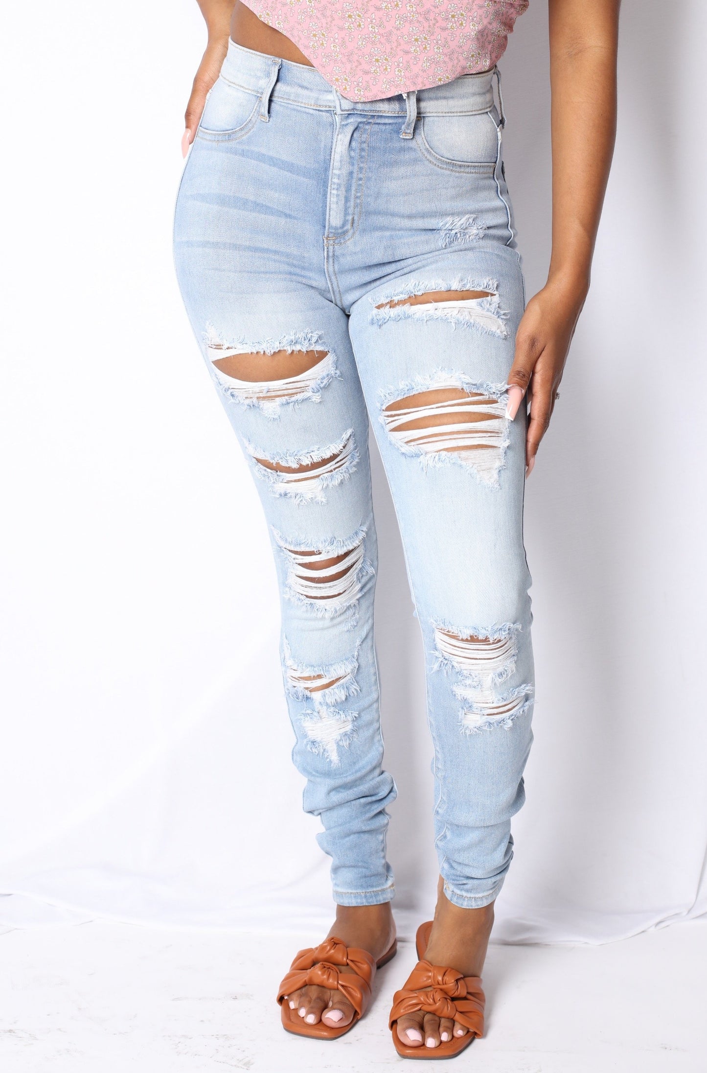 High Rise Distressed Skinnies Light Blue