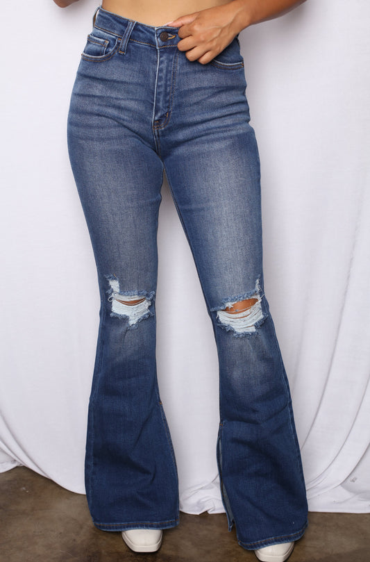 Dark Wash Knee Ripped Bell Bottom Jeans