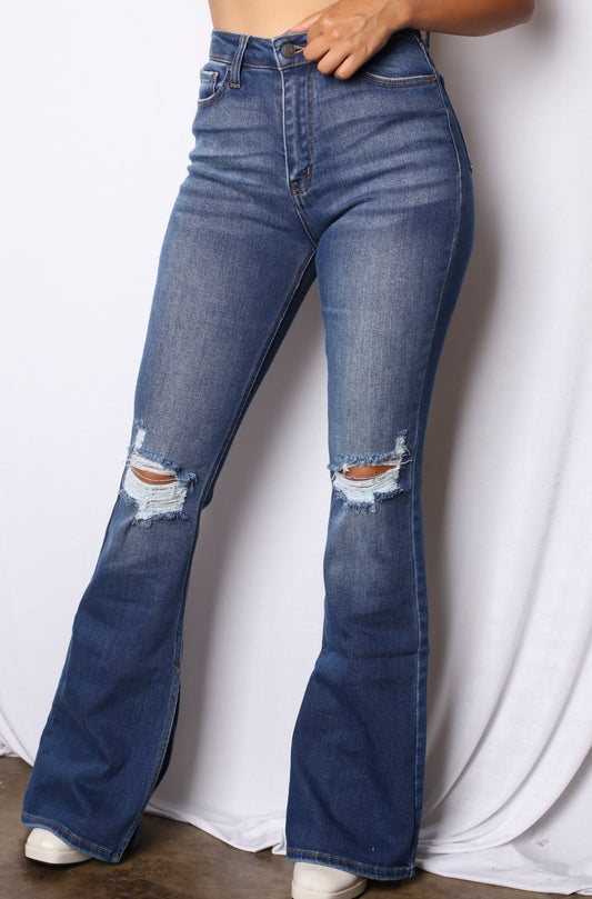 Dark Wash Knee Ripped Bell Bottom Jeans