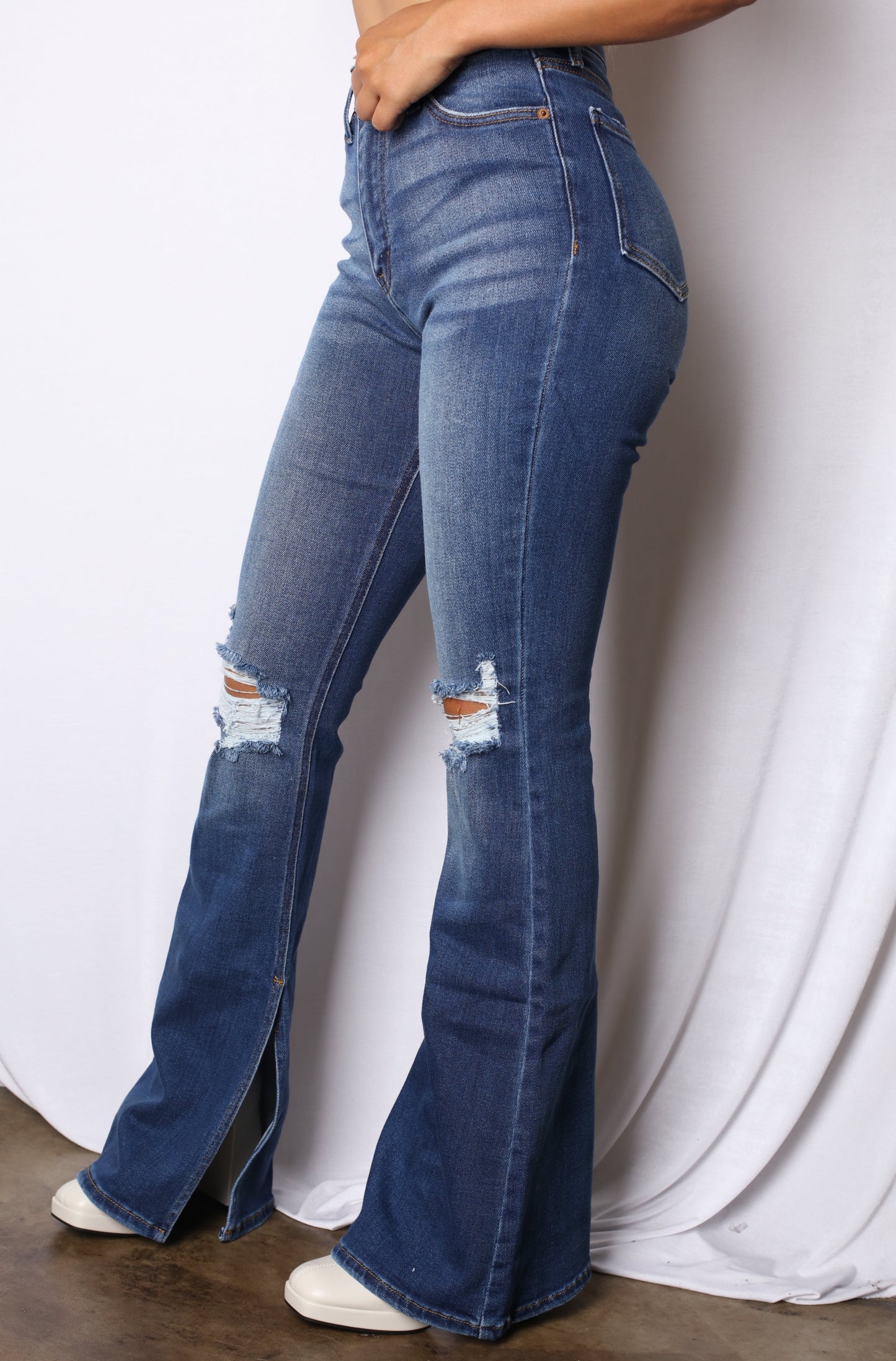 Dark Wash Knee Ripped Bell Bottom Jeans