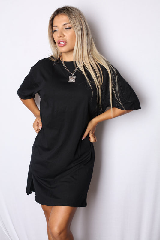 Slouchy T-Shirt Slit Dress Black