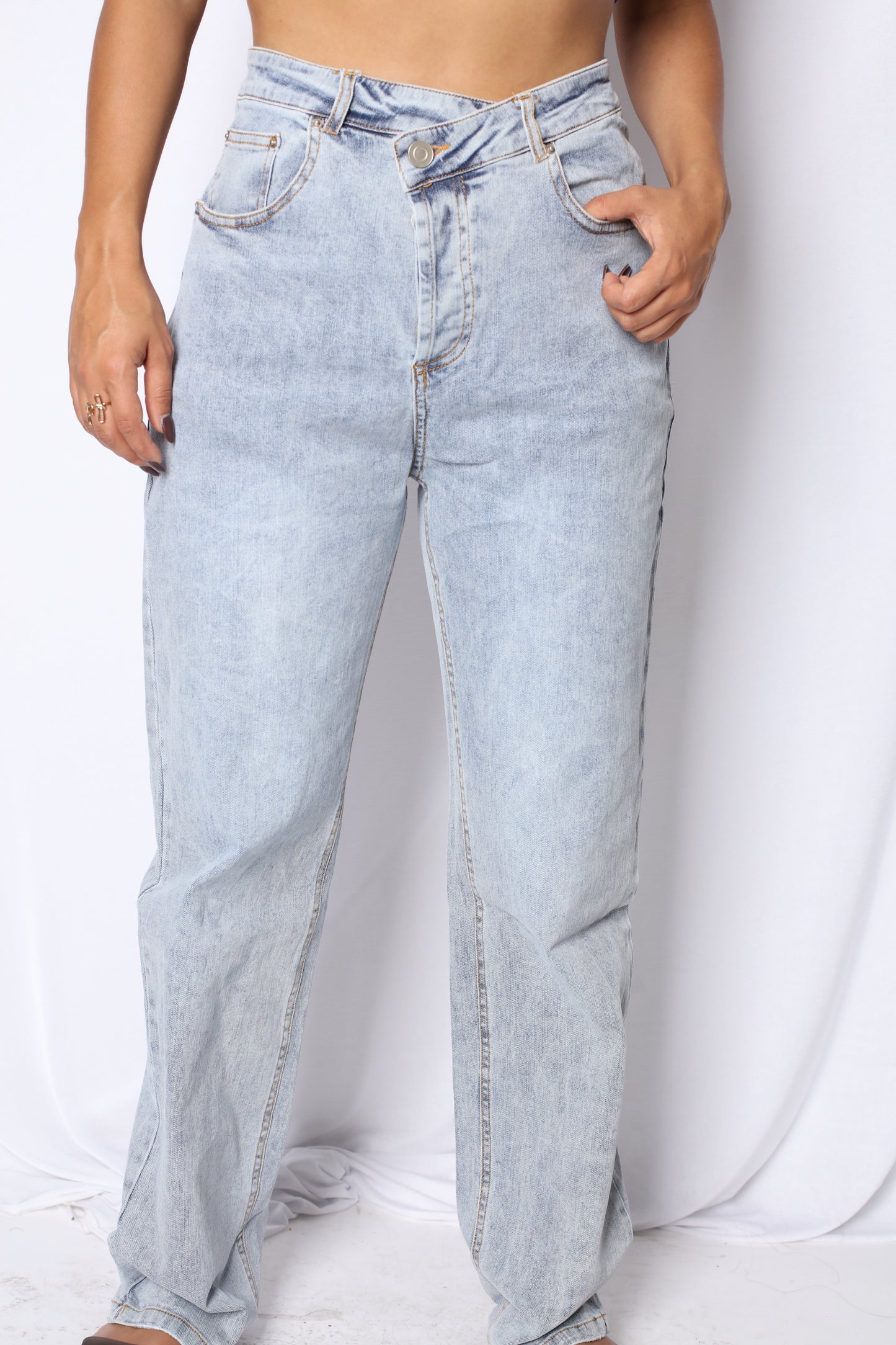 Wrap Over Wide Leg Boyfriend Jeans