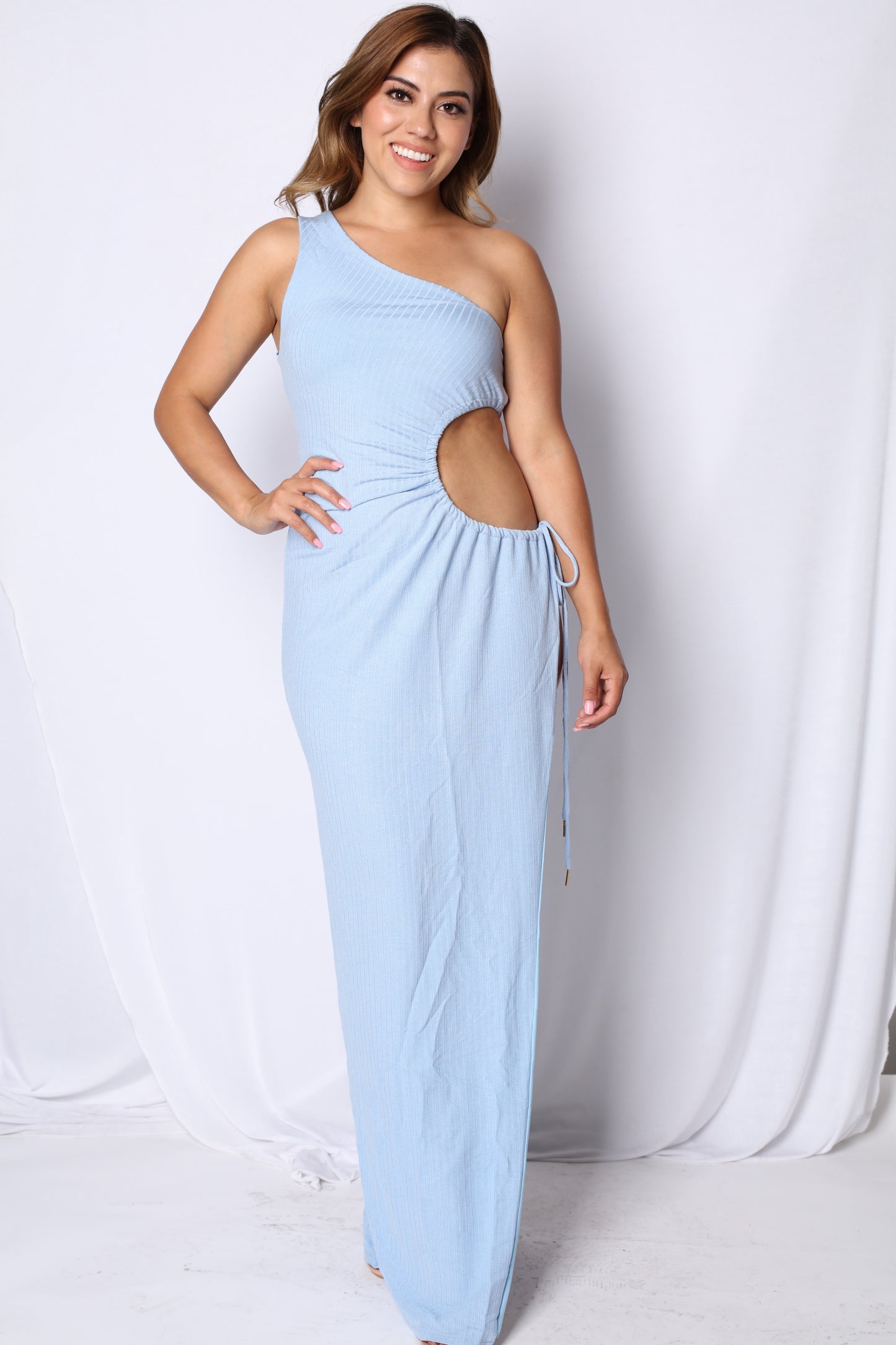 Unishoulder Ribbed Cutout Maxi Dress Blue
