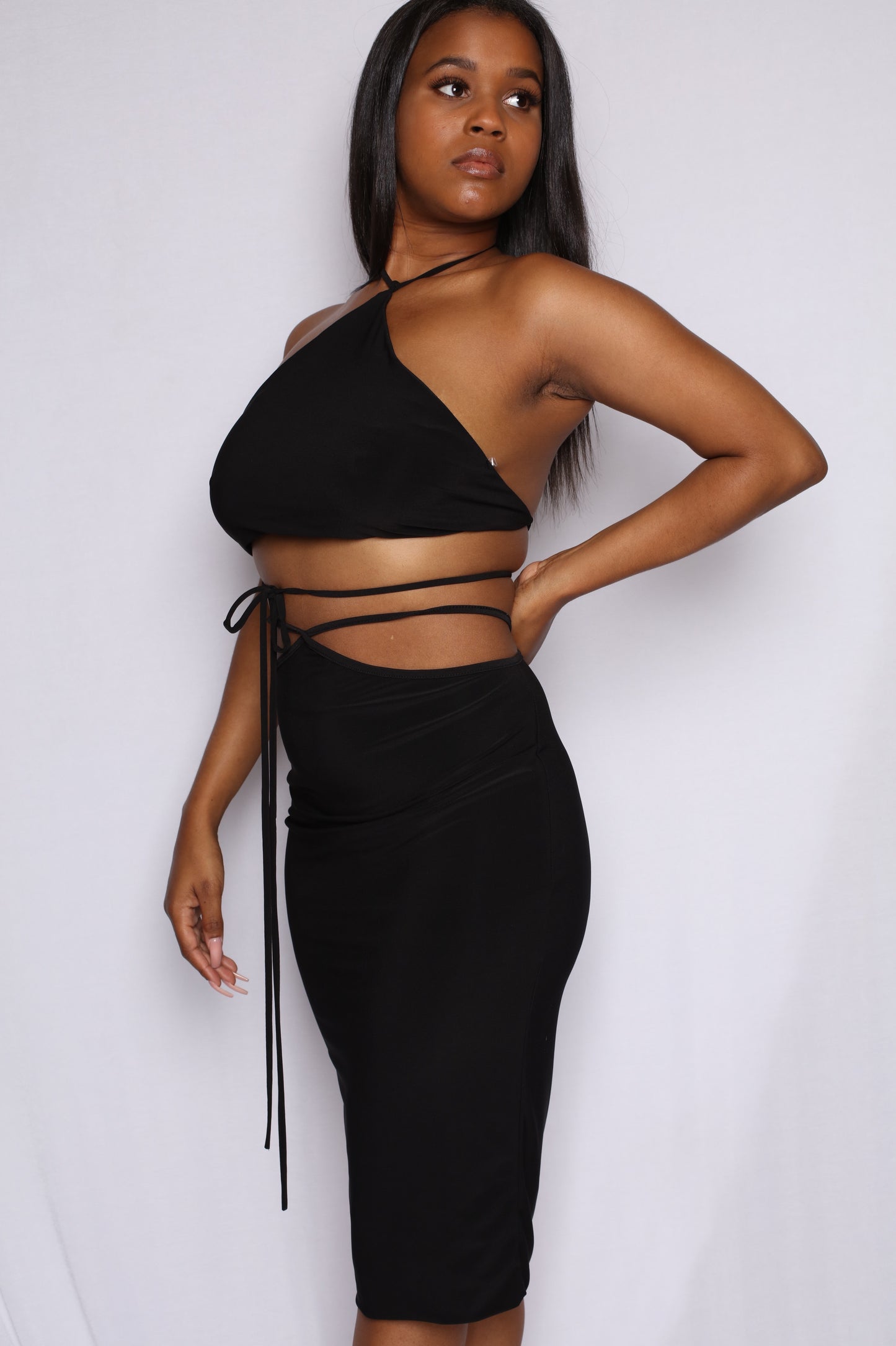 Halter Cutout Thong Skirt Set Black