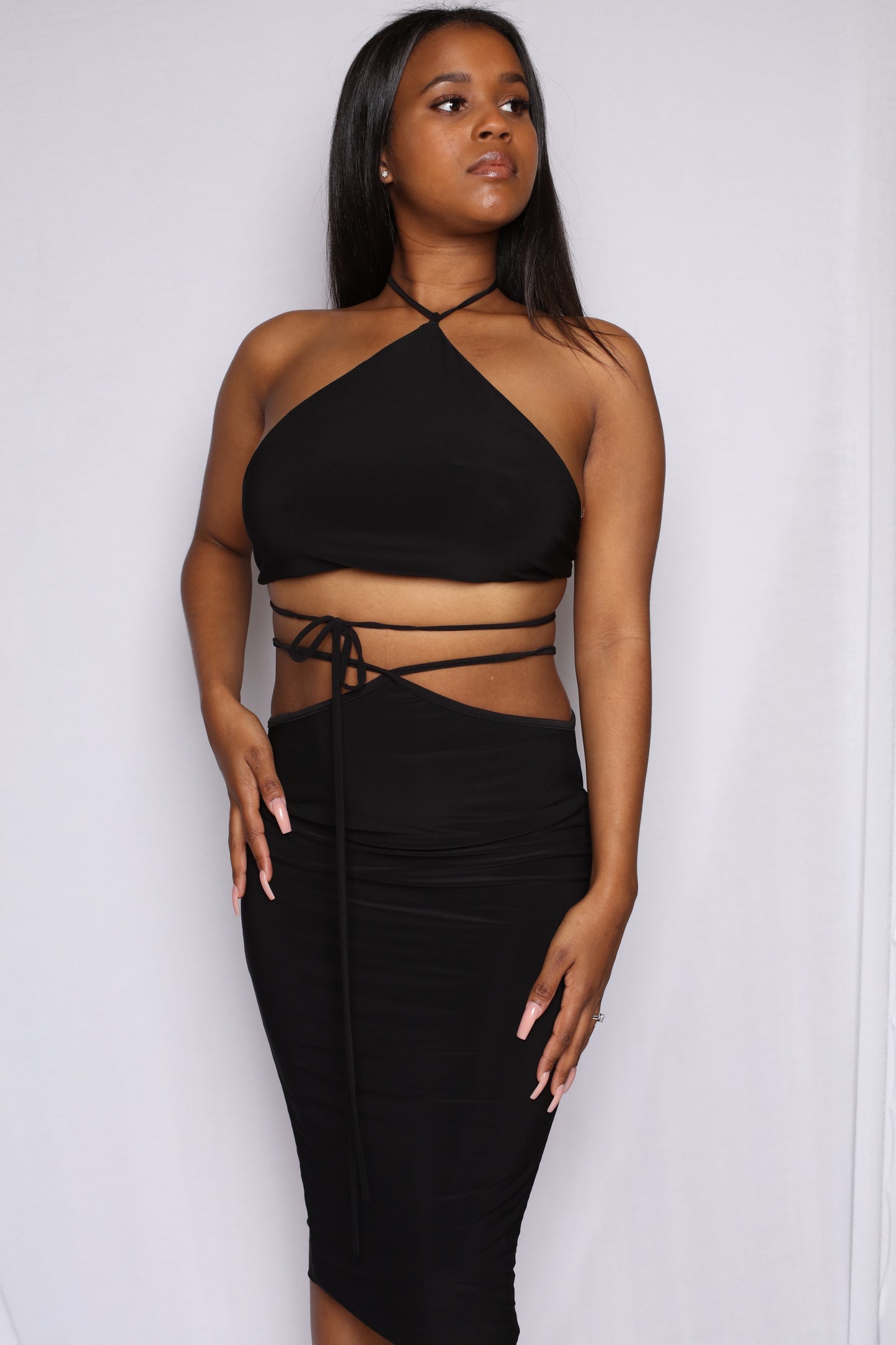 Halter Cutout Thong Skirt Set Black