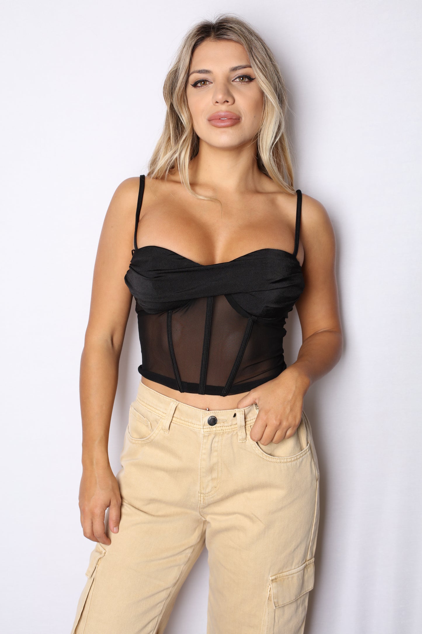 Twist Mesh Corset Top Black