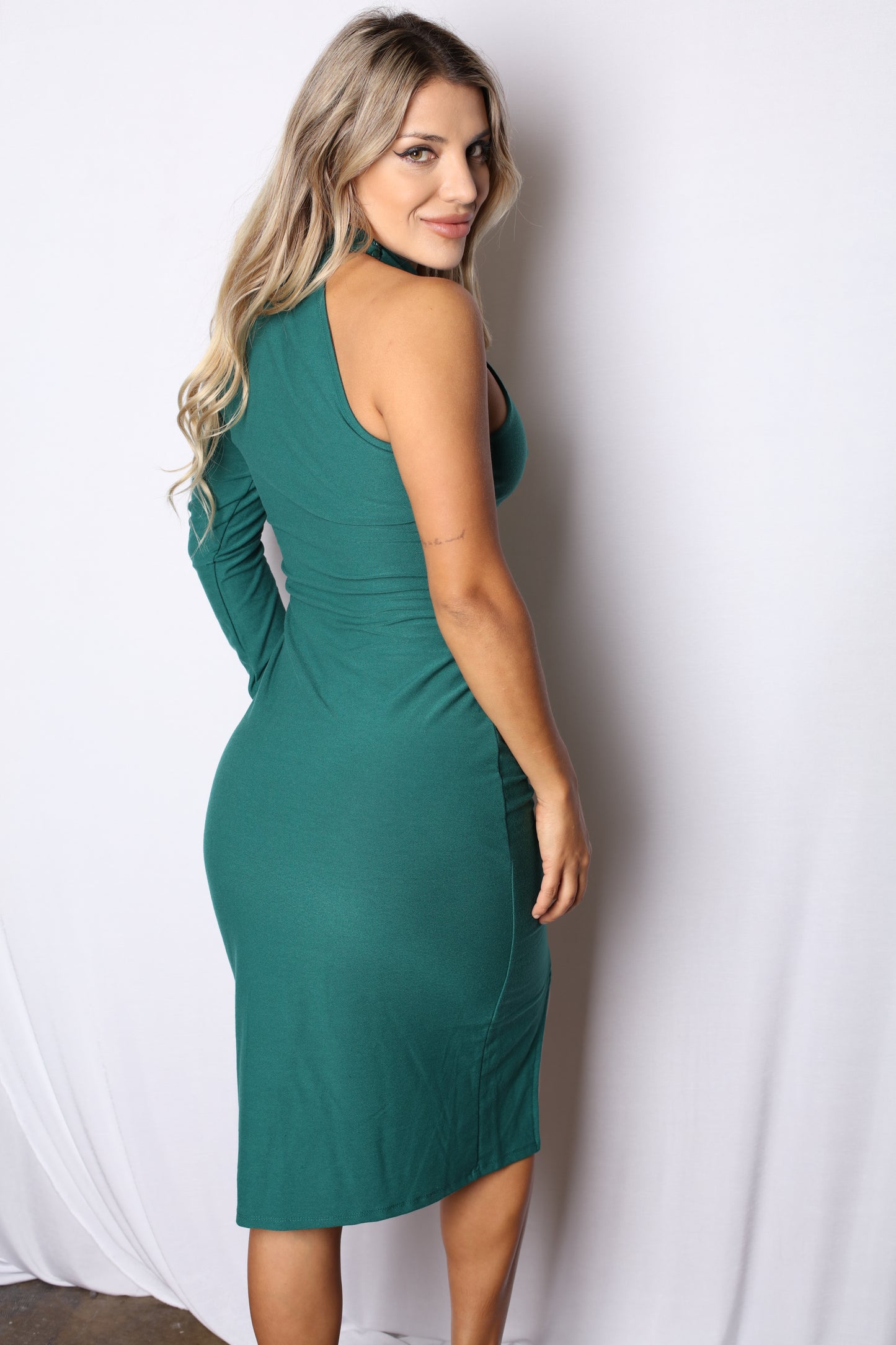 Unishoulder Long Sleeve Midi Dress Green