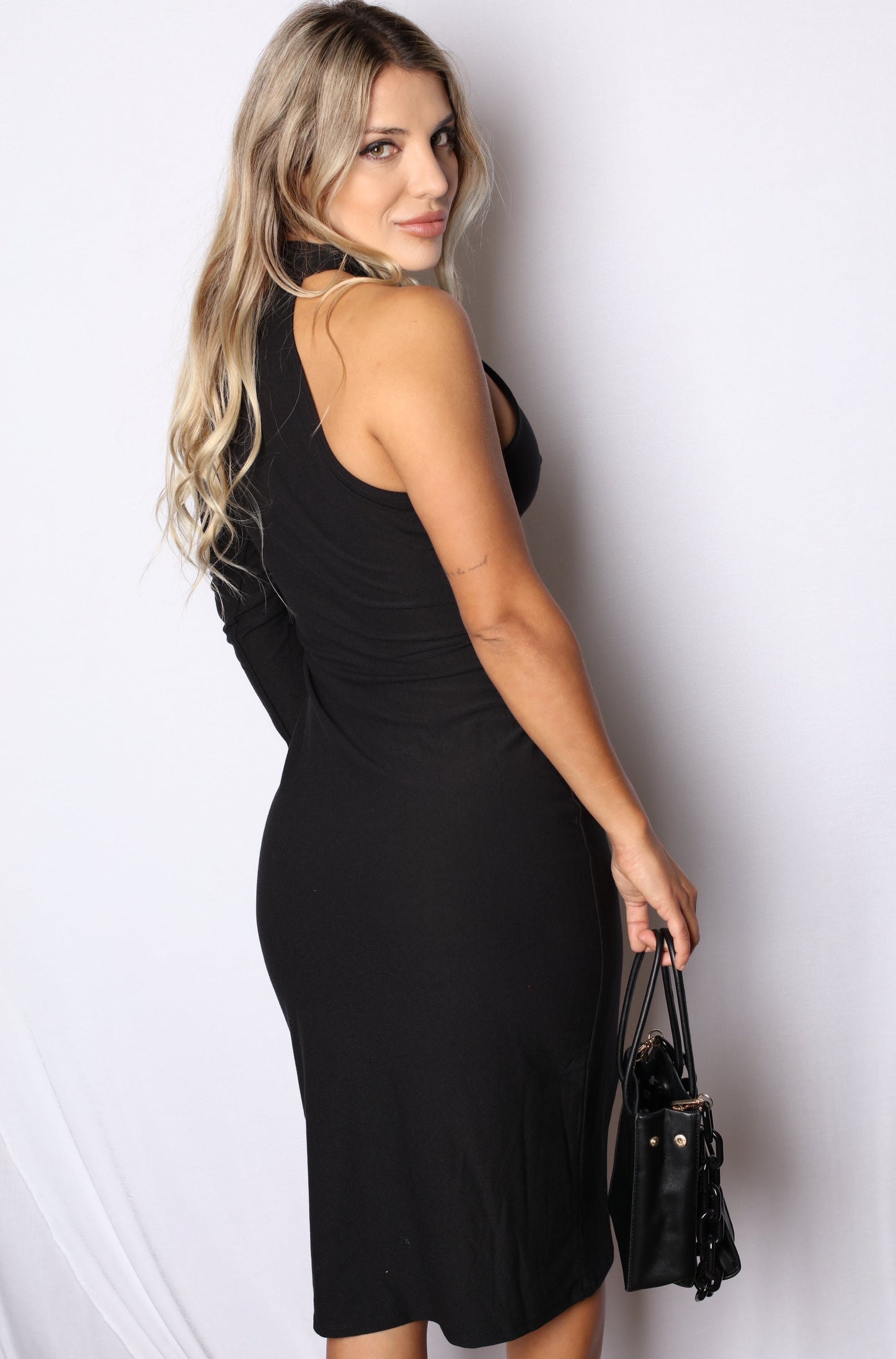 Unishoulder Long Sleeve Midi Dress Black