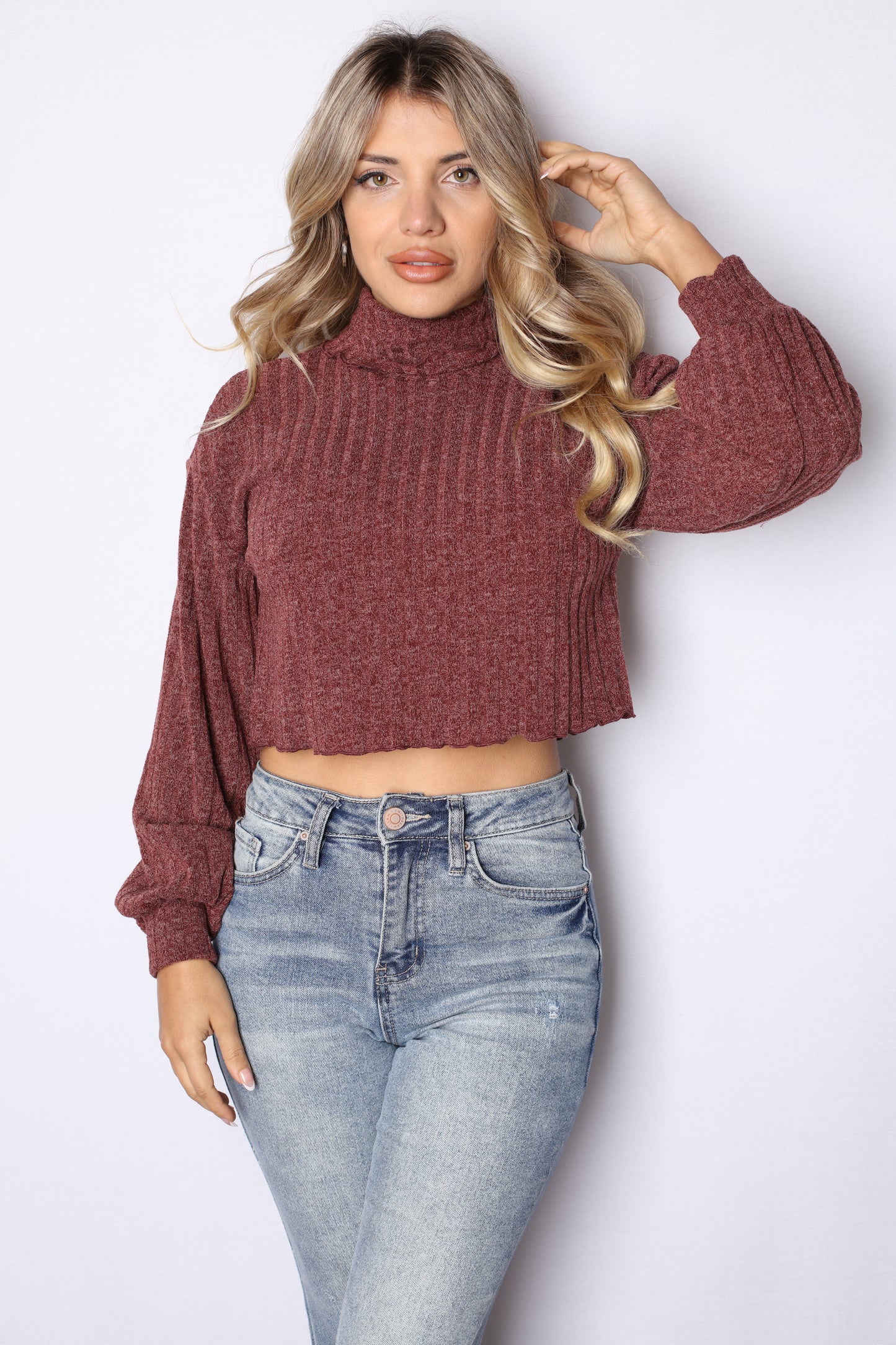Ribbed Burgundy Turtle Neck Crop Top