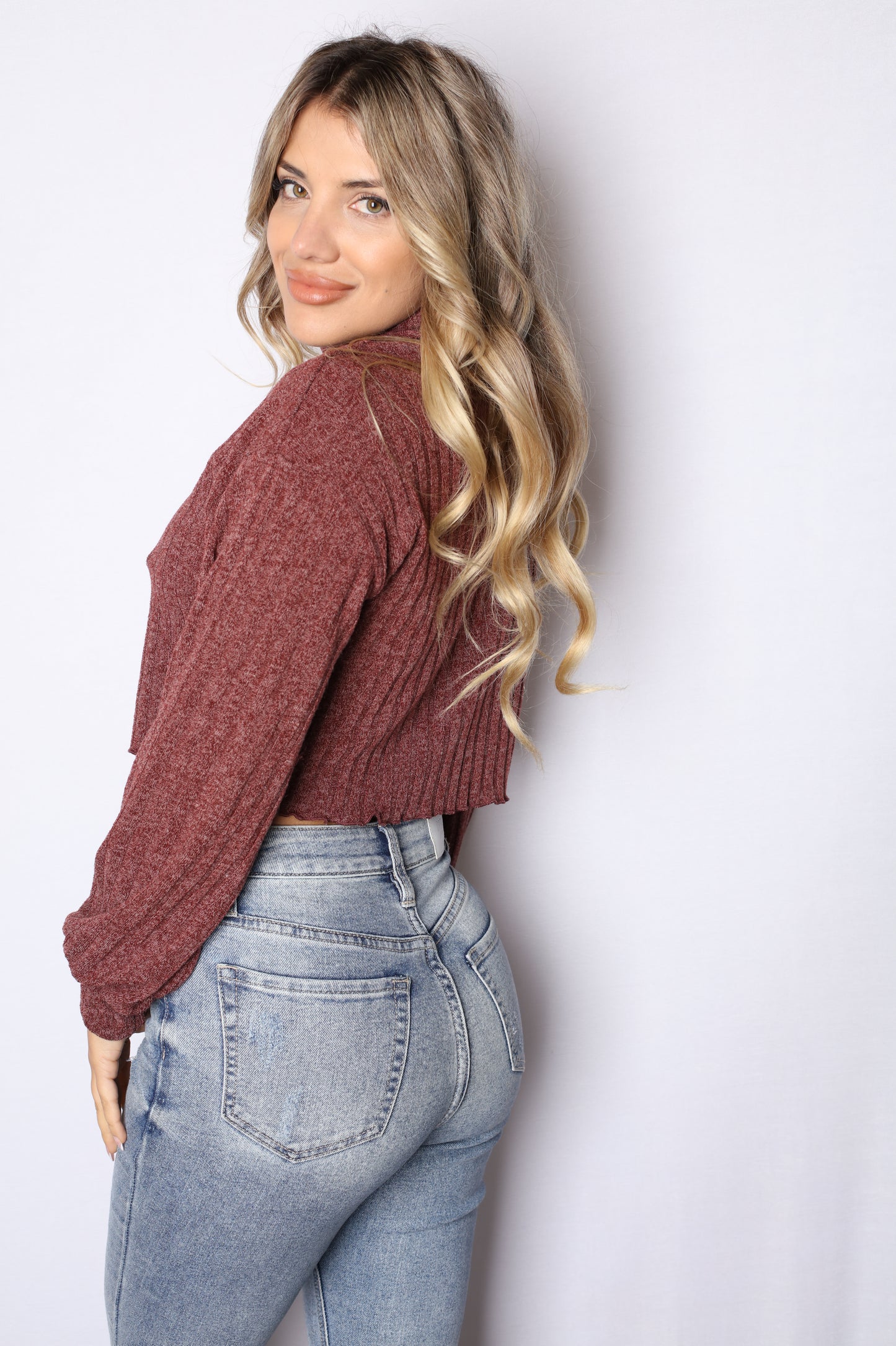 Ribbed Burgundy Turtle Neck Crop Top