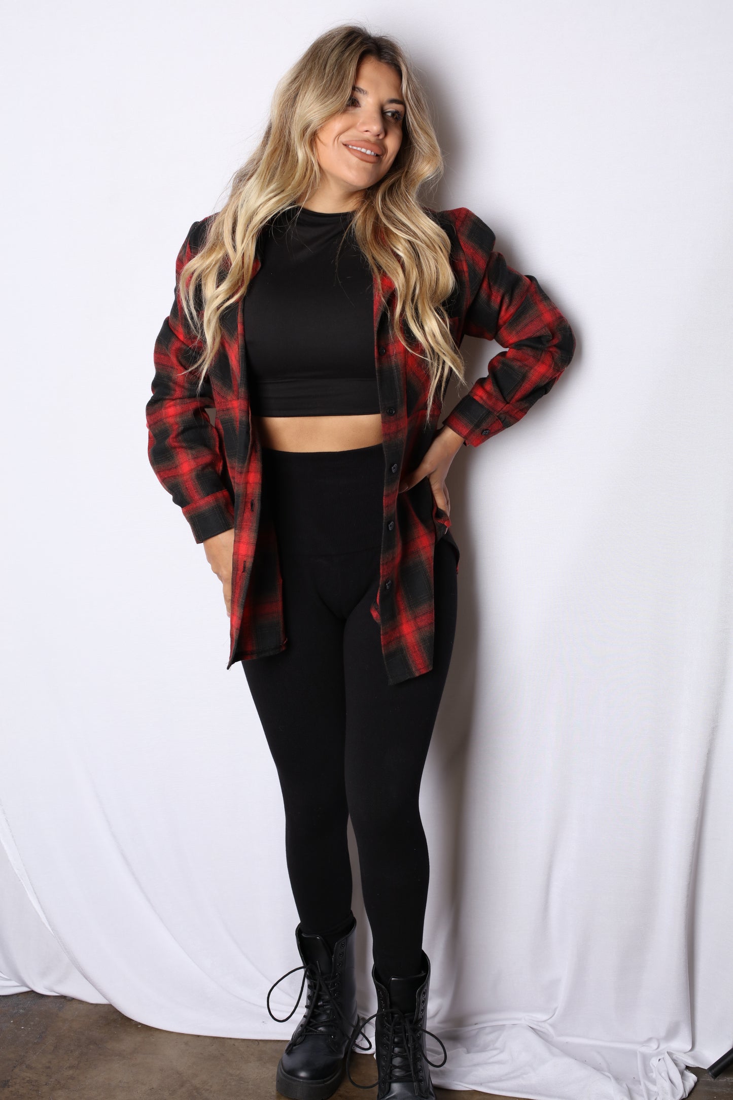 Red Plaid Button Up Shackets