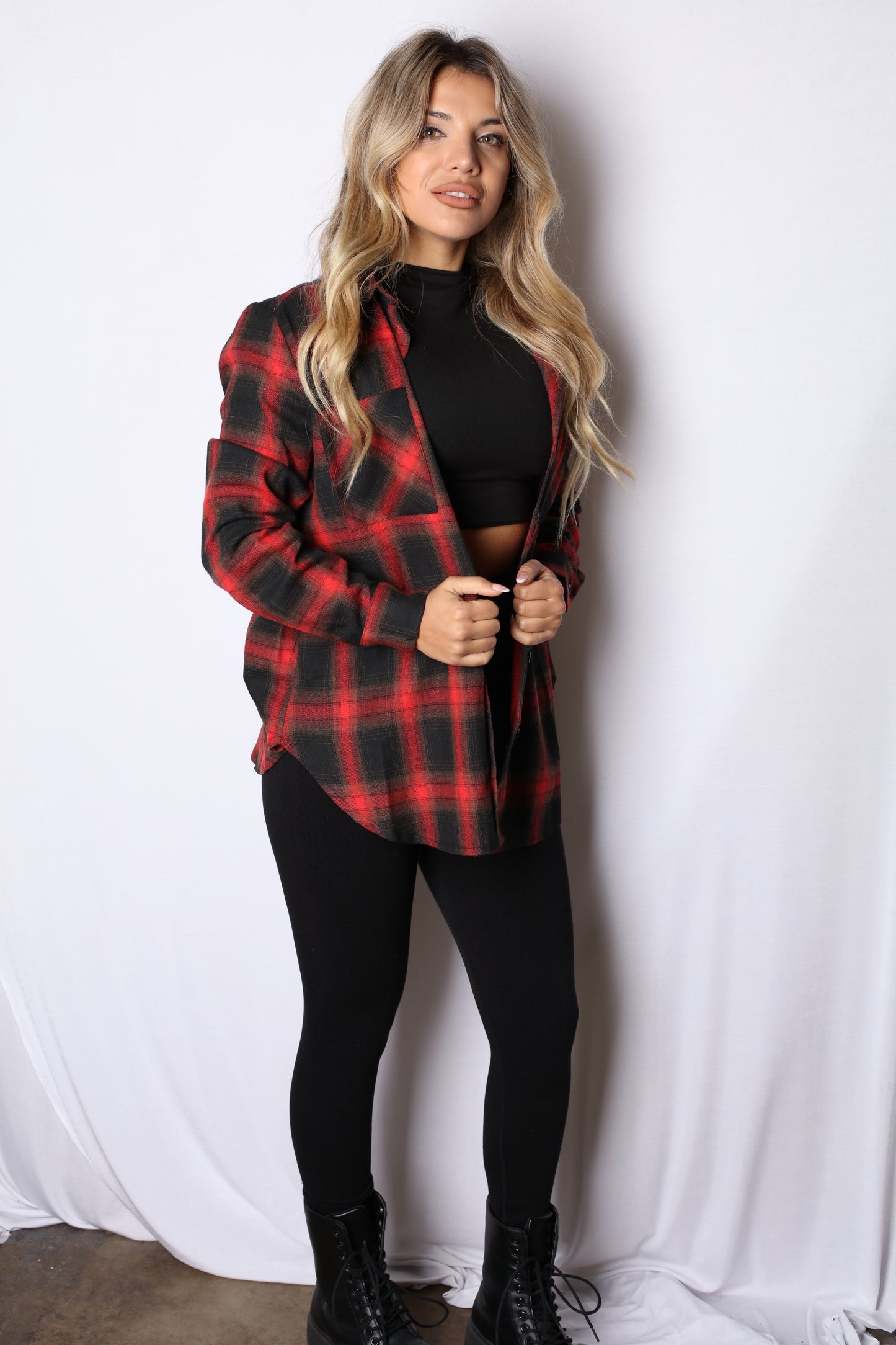 Red Plaid Button Up Shackets