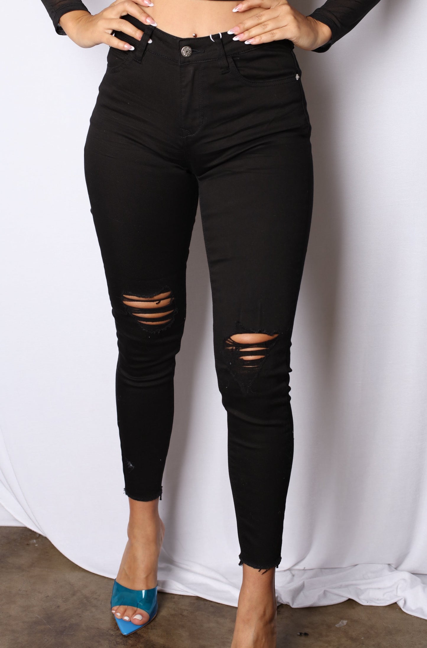 Black Stretchy Nicked Skinny Jeans